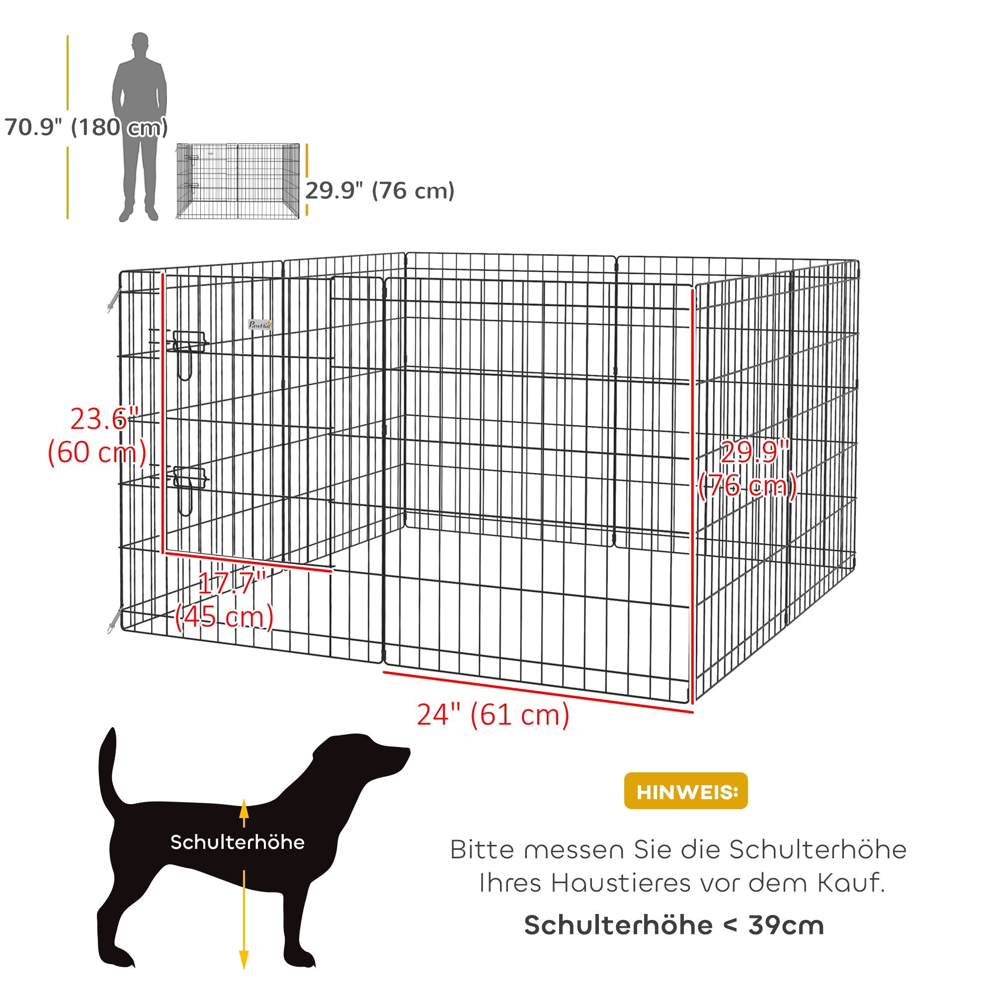 PawHut Haustierlaufstall, Spielgehege für Welpen und kleine Hunde, mit Tür, Indoor- und Outdoor-tauglich, 76 cm, Schwarz