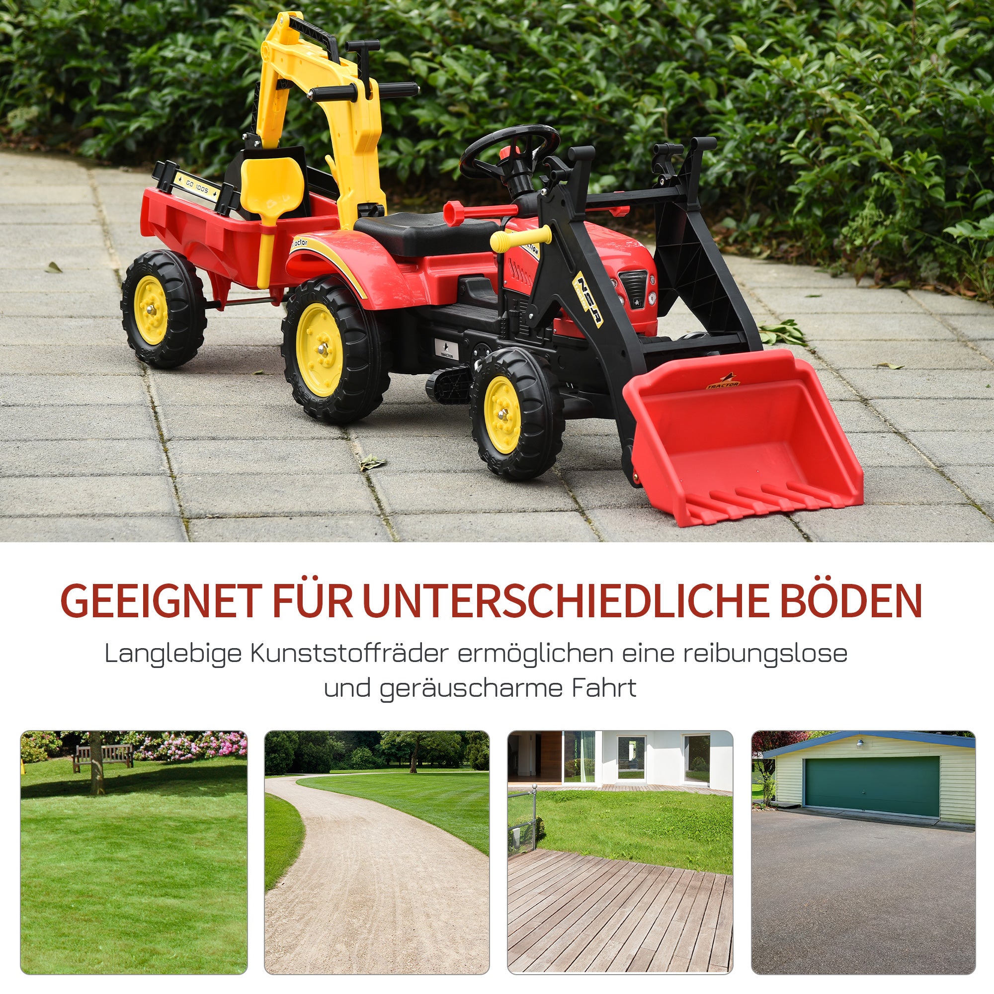 HOMCOM Trettraktor mit Anhänger, Frontlader, verstellbarer Schaufel, Traktor Tretfahrzeug für Kinder ab 3 Jahren Rot