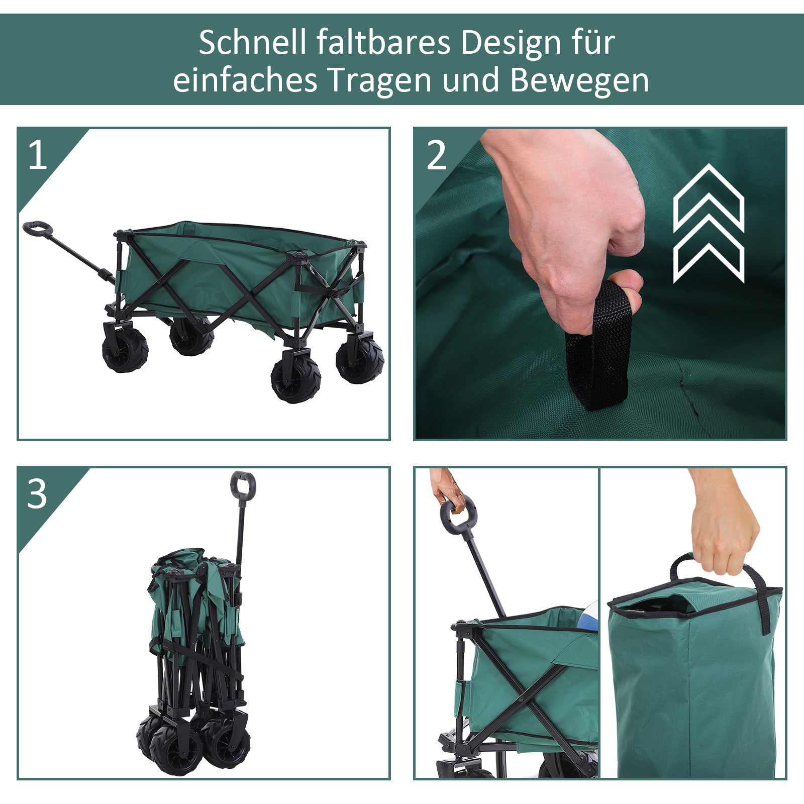 Outsunny Bollerwagen Faltbarer Handwagen 360° Gartenwagen Transportwagen mit Teleskop Griff Verstellbarer Griffhöhe Strandwagen bis 70 kg Tragkraft Metall Oxford Grün 108 x 55 x 59-89 cm