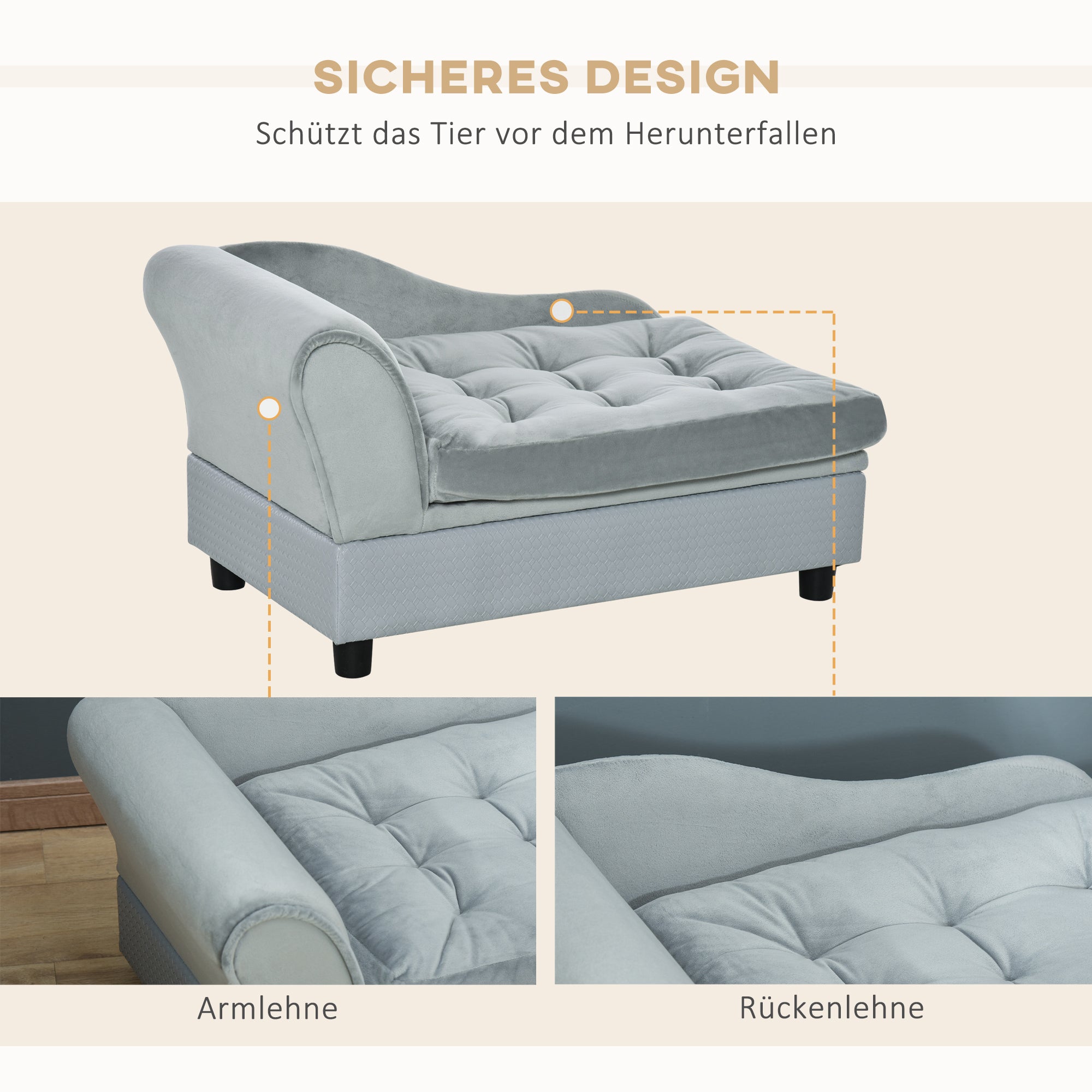 PawHut Haustiersofa mit Stauraum, weichem Kissen, bis 15 kg Tragkraft, Plüschbezug, Hartholzrahmen, Hellgrau