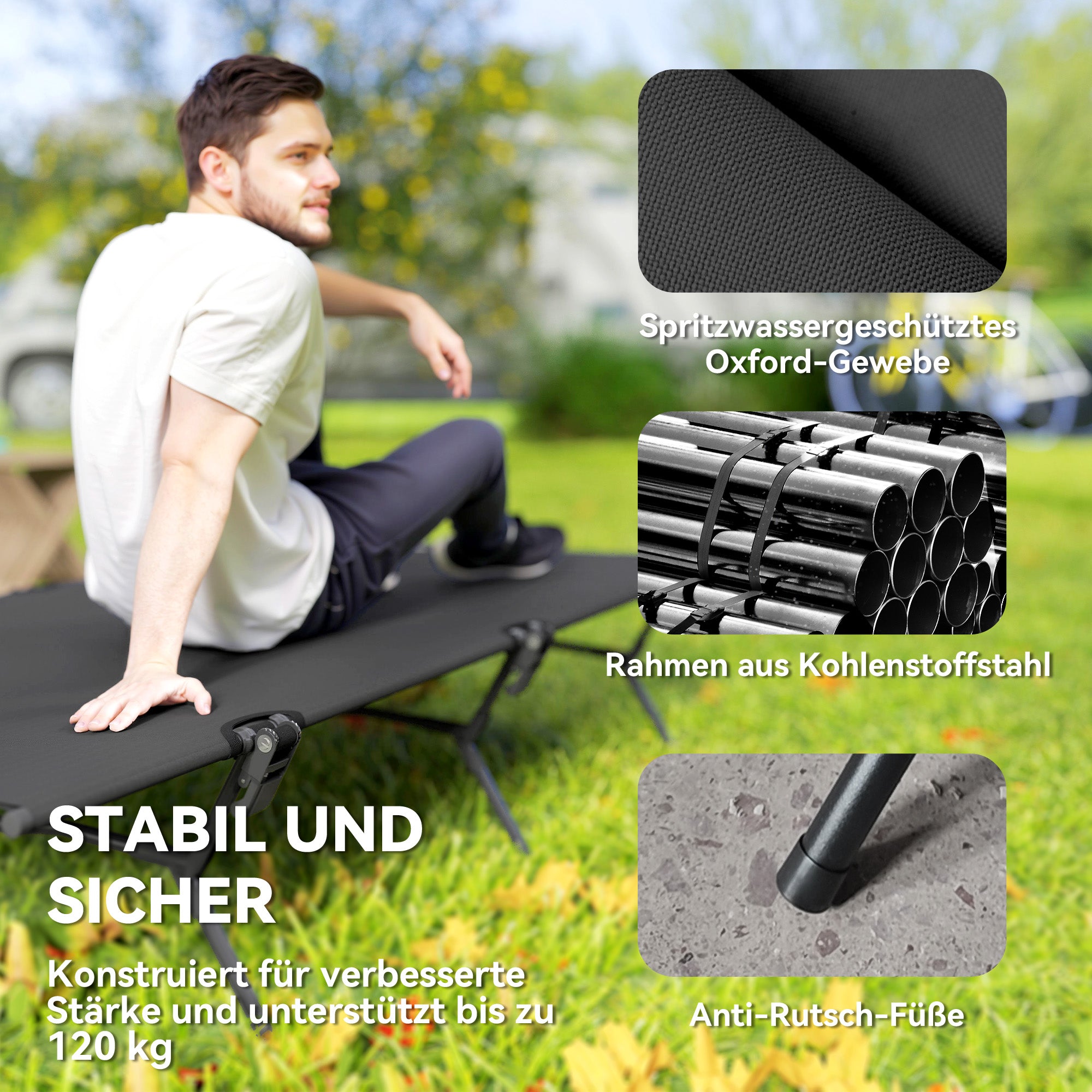 Outsunny Feldbett faltbar Campingbett mit Tragetasche 200 x 100 x 36 cm bis 120 kg Extra Breit Schwarz