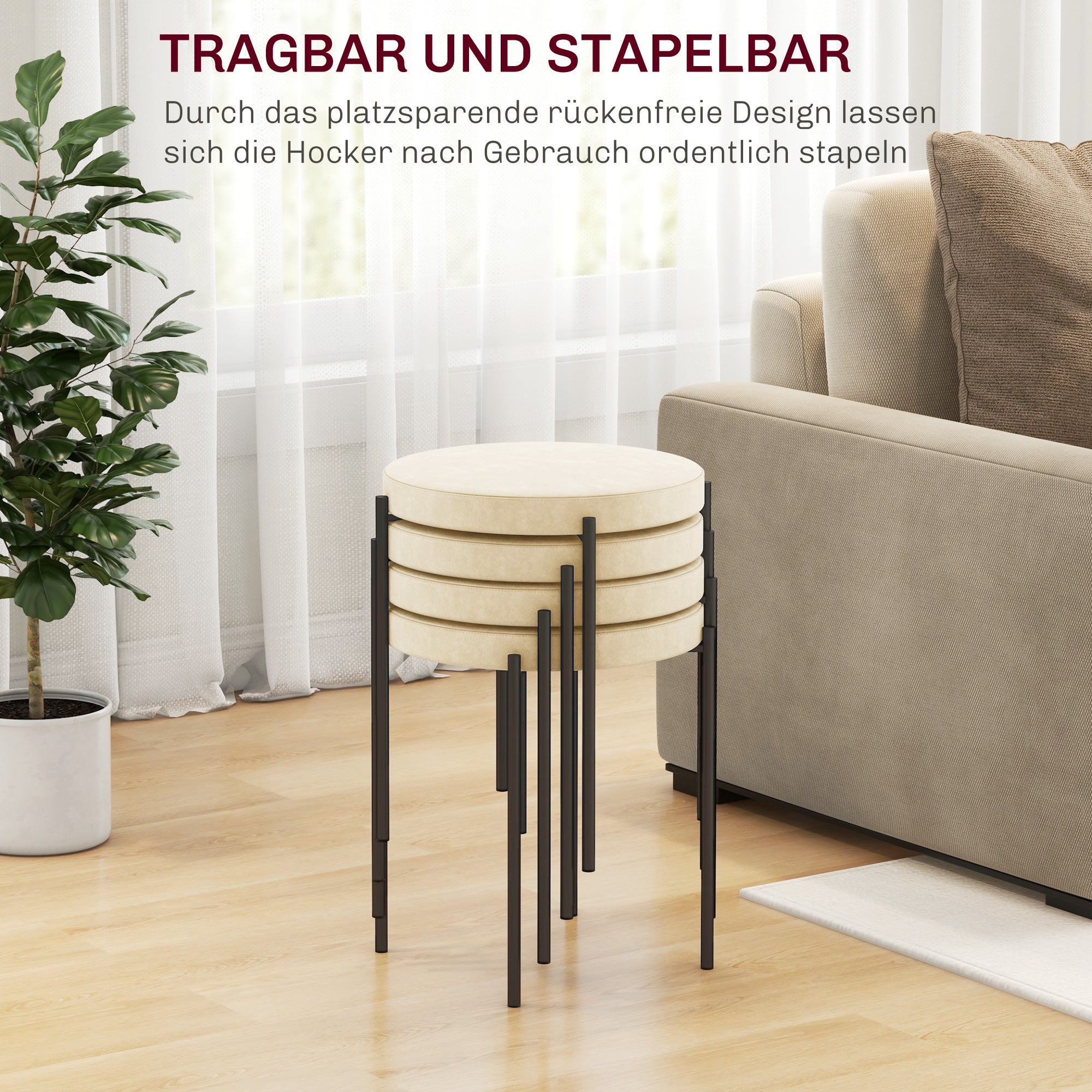 HOMCOM Küchenhocker 4-er Set, stapelbar, Samtoptik, bis 100kg, Metallrahmen, 41,5 x 41,5 x 46 cm, Cremeweiß