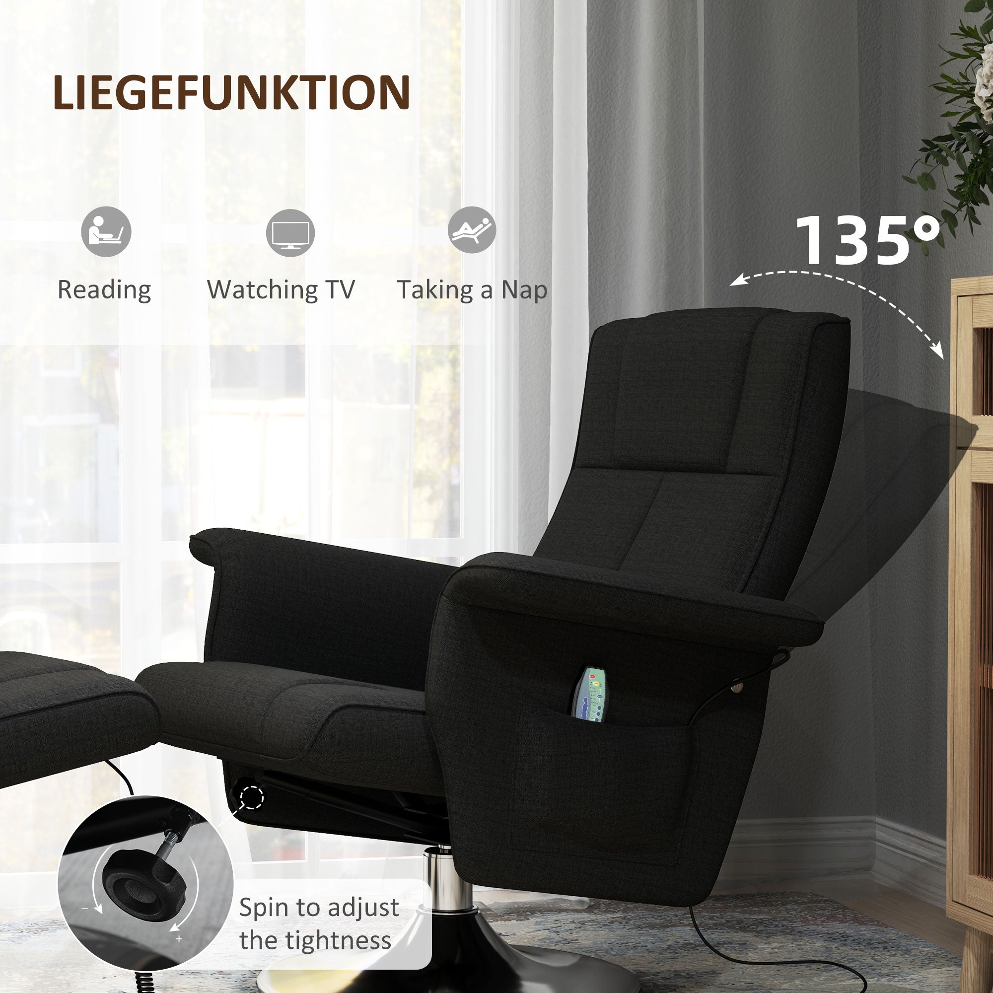 HOMCOM Massagesessel mit Hocker, neigbare Lehne, 78 x 95 x 88 cm, Schwarz