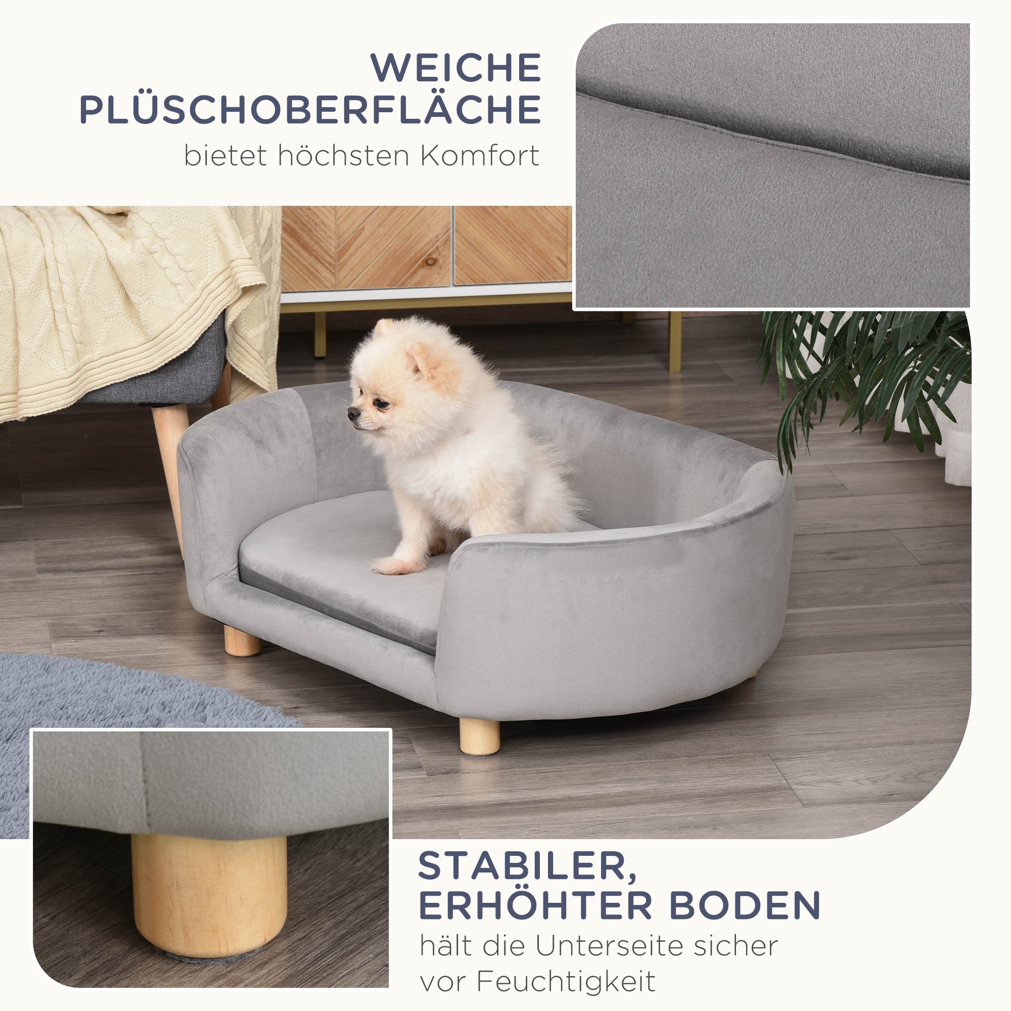 PawHut Haustiersofa Hundesofa Hundebett mit Holländischer Samt Schaumstoff Birke Bein für Katzen Hunde  86 x 55 x 33 cm Hellgrau