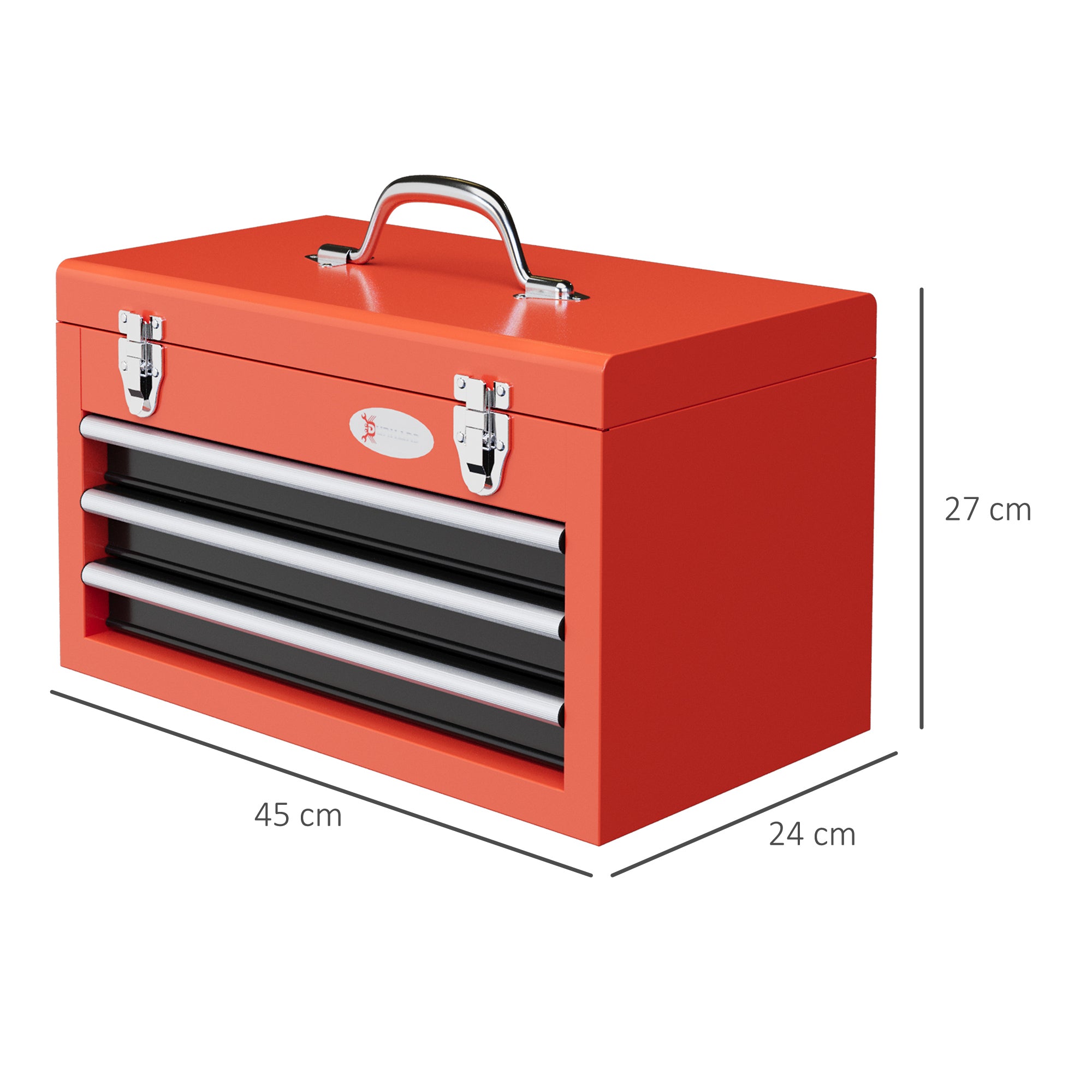 DURHAND Werkzeugkiste mit 3 Schubladen, 1 Fach, stabile Stahlverschlüsse, 45 x 24 x 27 cm, Rot