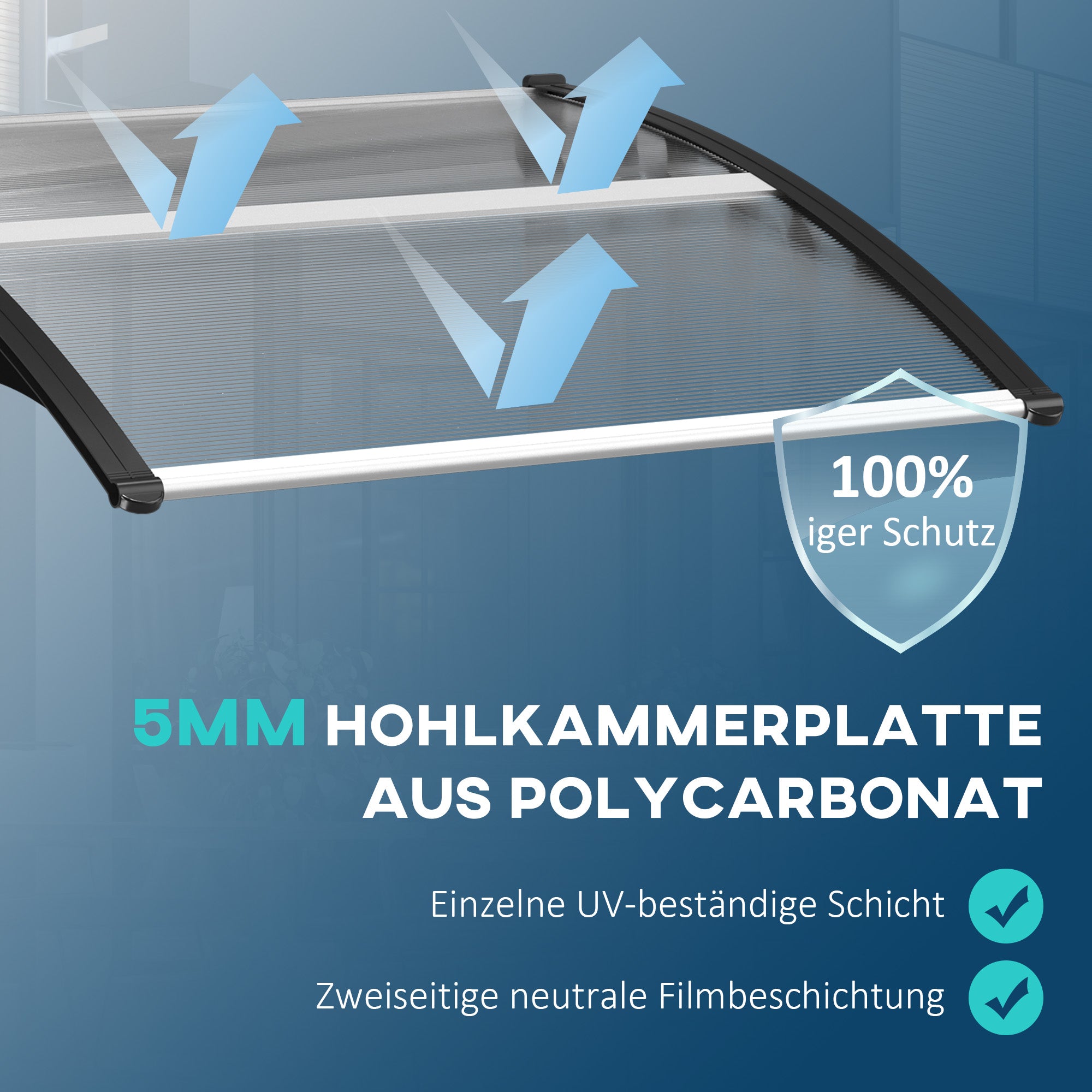 Outsunny Vordach für Haustür/Fenster, wetterfest, transparent, Aluminium/Polycarbonat, 103x96,5x27cm, Schwarz