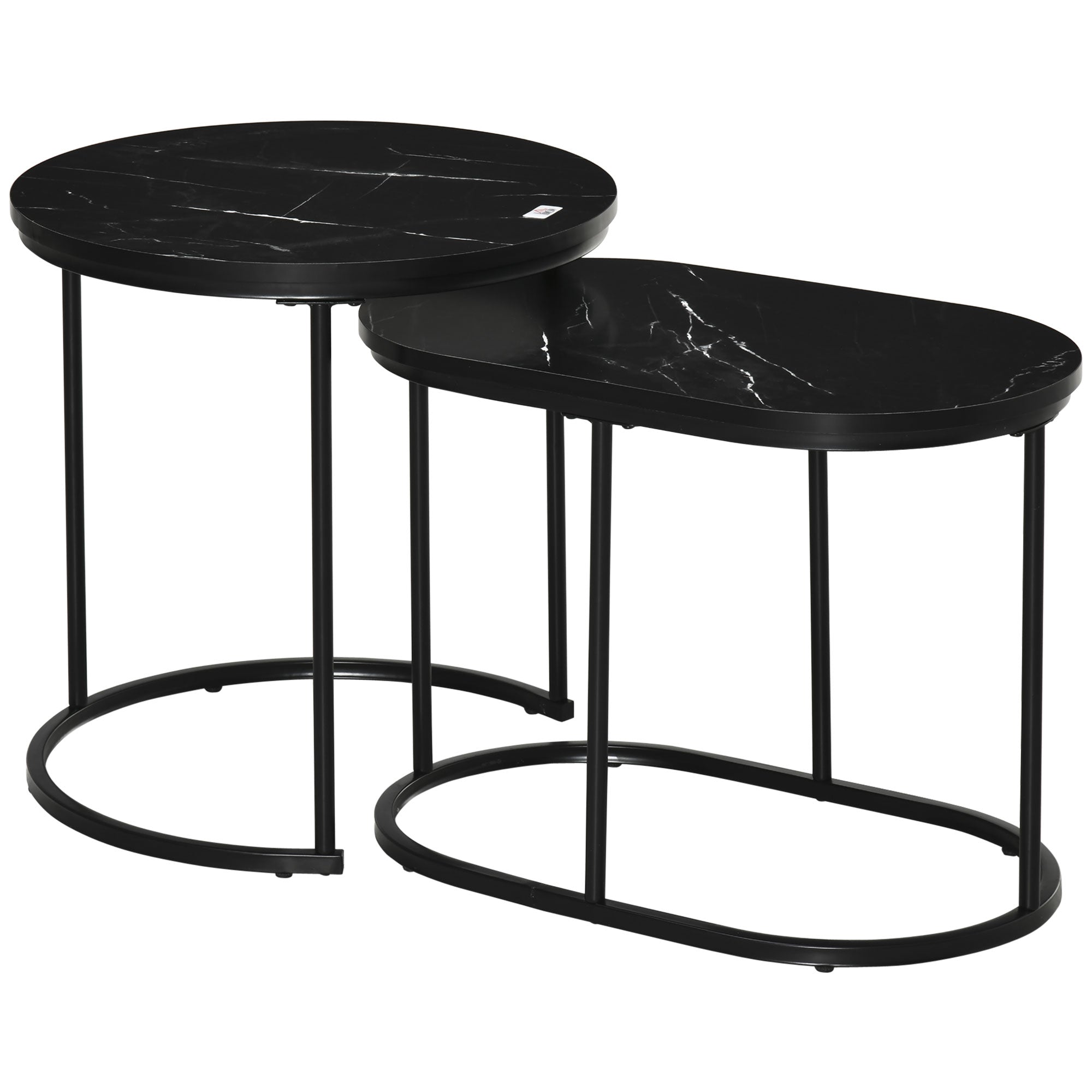 HOMCOM 2er-Set Couchtisch, Ovaler und runder Kaffeetisch, stapelbar, Marmoroptik, MDF, Metall, Ø50 x 50,5H cm, Schwarz