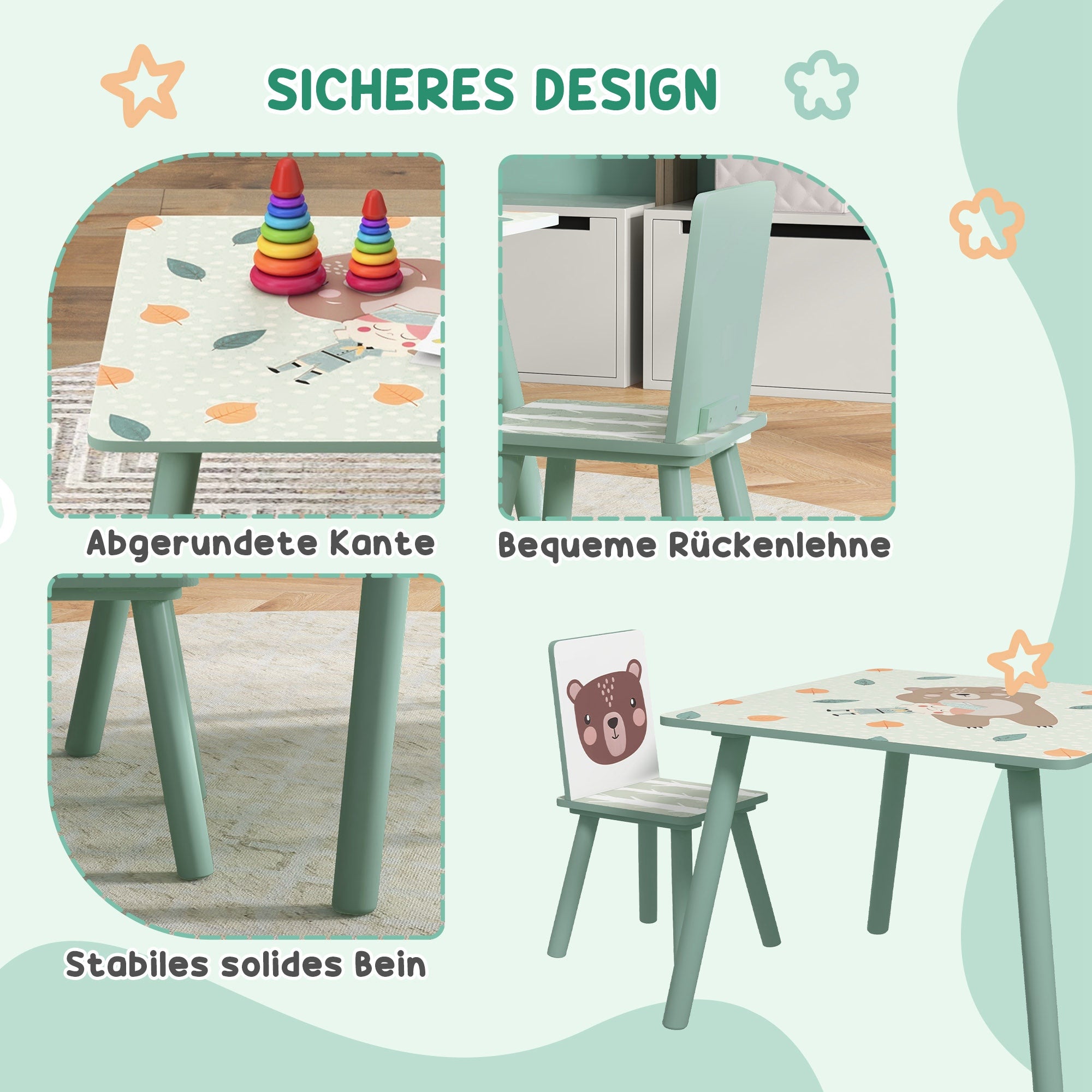 ZONEKIZ Sitzgruppe für Kinder 3-8 Jahre, 1 Tisch & 2 Stühle, niedliches Tiermotiv, Grün