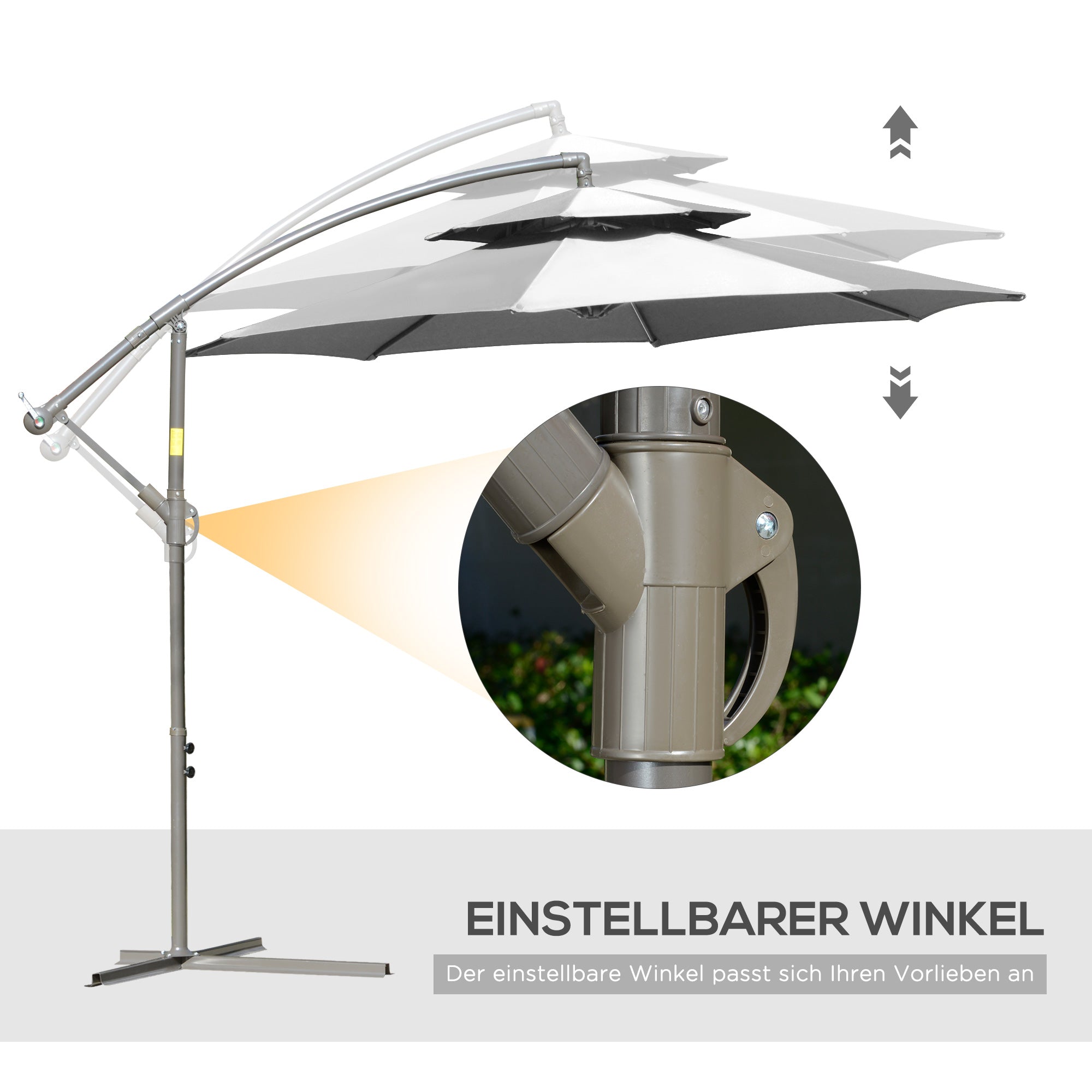 Outsunny Sonnenschirm Ampelschirm Ø2,67 x 2,45 m Kurbelschirm mit Doppeldach Kreuzbasis Stahl Outdoor Sonnenschutz Polyester Stahl Hellgrau