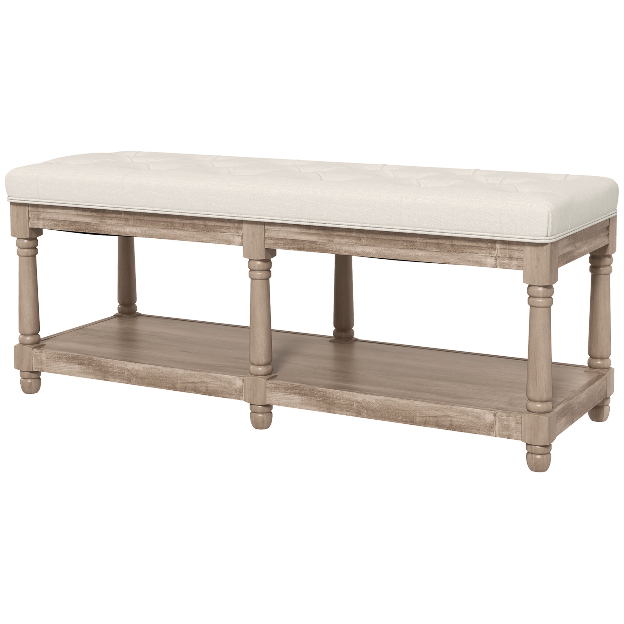 HOMCOM Sitzbank mit Stauraum, Vintage-Design, Knopfheftung, Kautschukbaumholz, 115x40x48cm, Cremeweiß