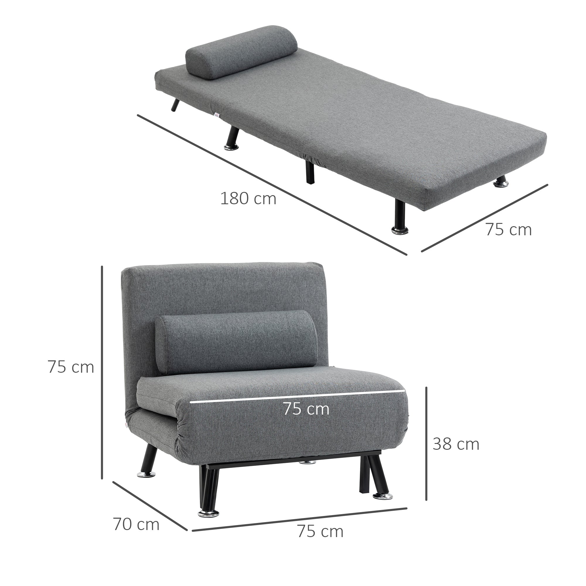HOMCOM Klappsessel mit Bettfunktion, klappbarer Relaxsessel in Leinenoptik, Verstellbare Rückenlehne, 75 x 70 x 75 cm, Dunkelgrau
