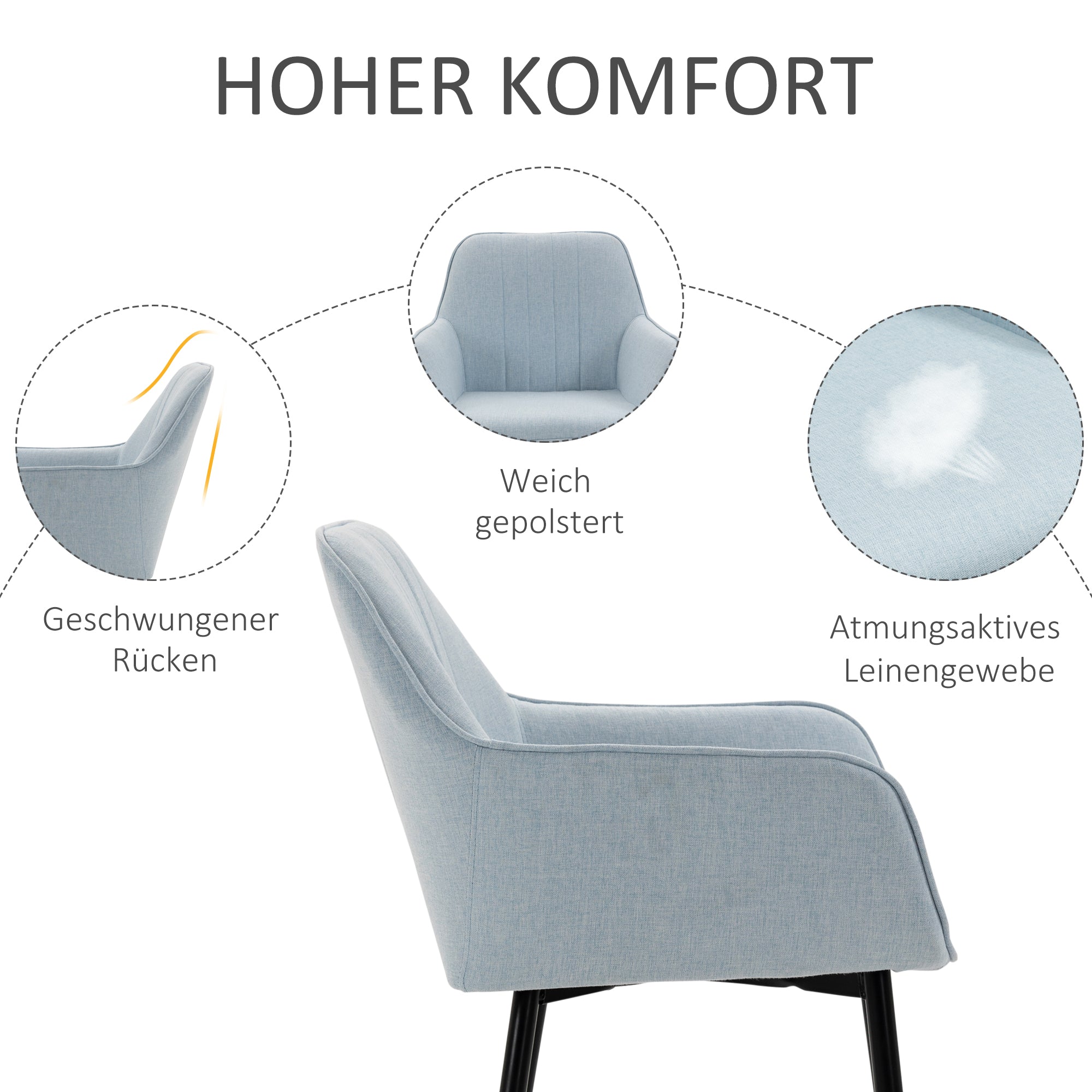 HOMCOM 2er Set Esszimmerstühle Essstühle Polsterstuhl mit atmungsaktivem Leinenbezug Wohnzimmerstuhl Sessel Küchenstuhl mit Rückenlehne Armlehne Leinen Blau 59,5 x 56,5 x 81 cm