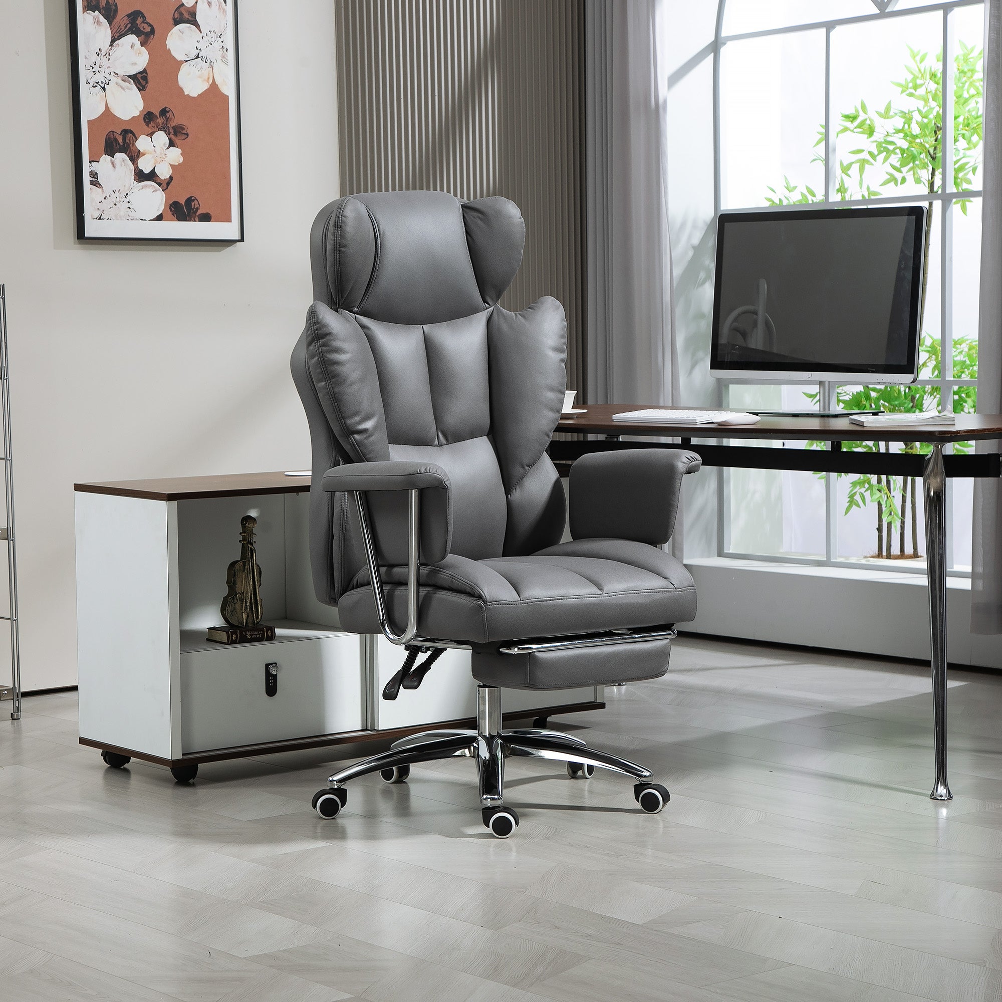 HOMCOM Ergonomischer Bürostuhl, gepolstert, mit Fußstütze, verstellbarer Lehne, 360° drehbar, Dunkelgrau