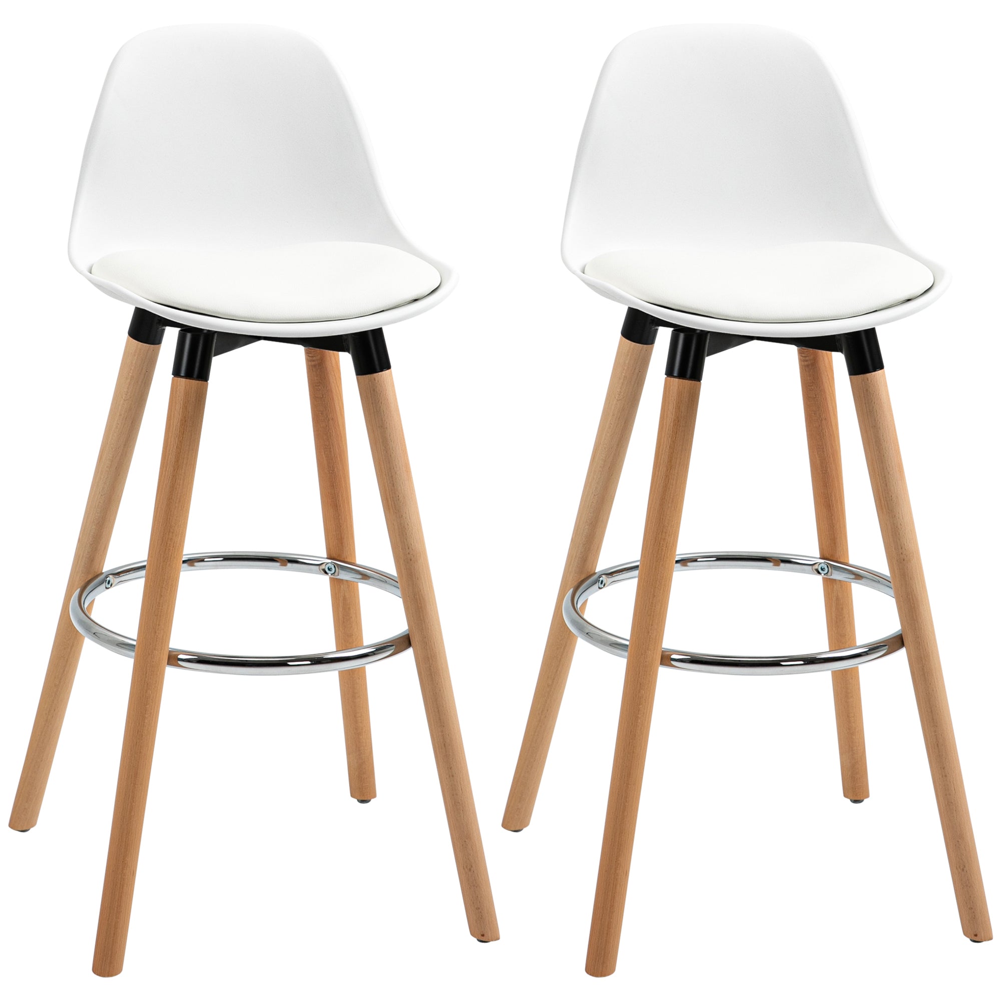HOMCOM 2er-Set Barhocker Barstühle Skandi-Design, Fußtstütze, 38,5 cm x 42,5 cm x 91 cm, Natur + Weiß