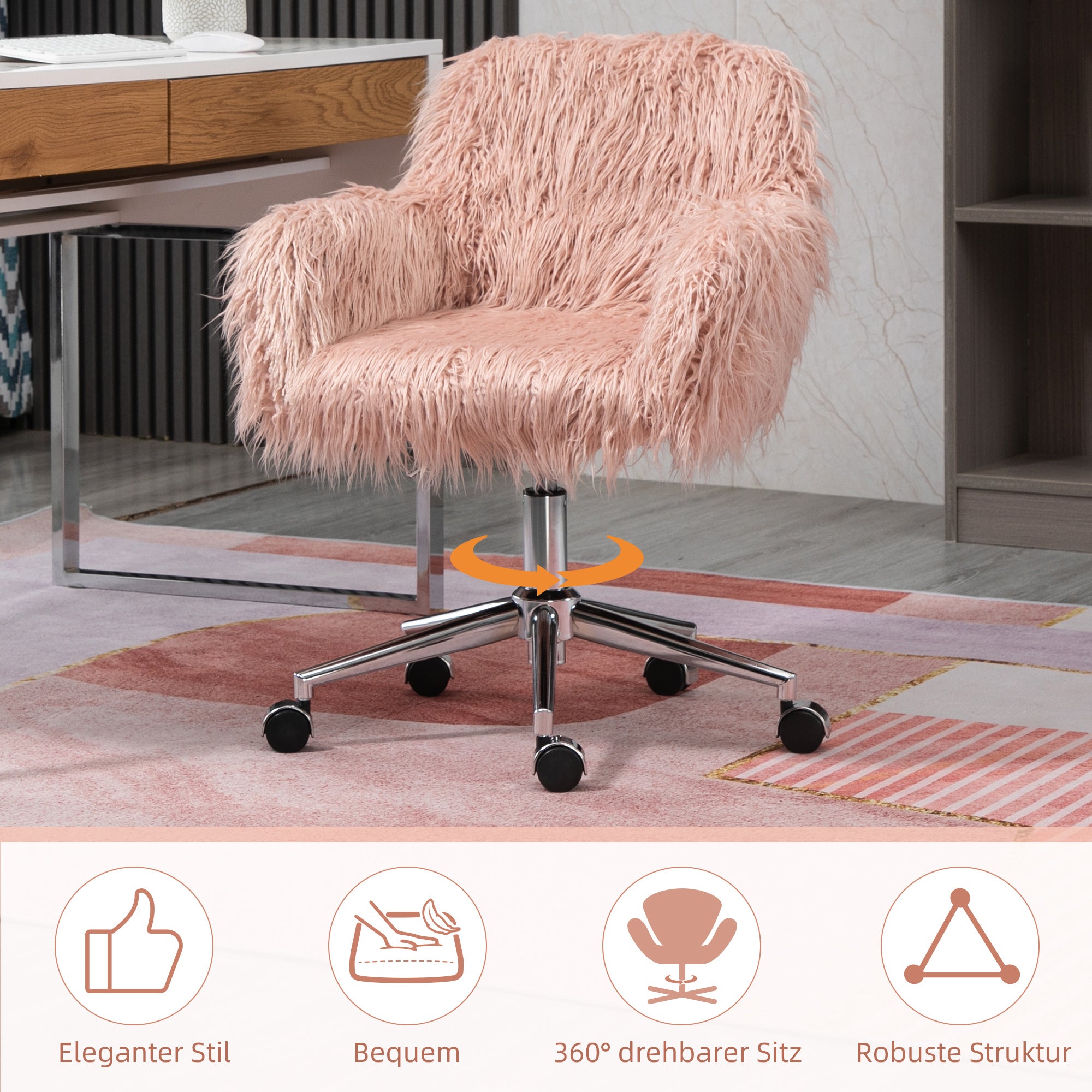 Vinsetto Chefsessel Drehstuhl Computerstuhl Schminkstuhl mit Kunstfell Sitzhöhenverstellung für Mädchen Kunstpelz Schaumstoff Rosa+Silber 57 x 60 x 75-85 cm
