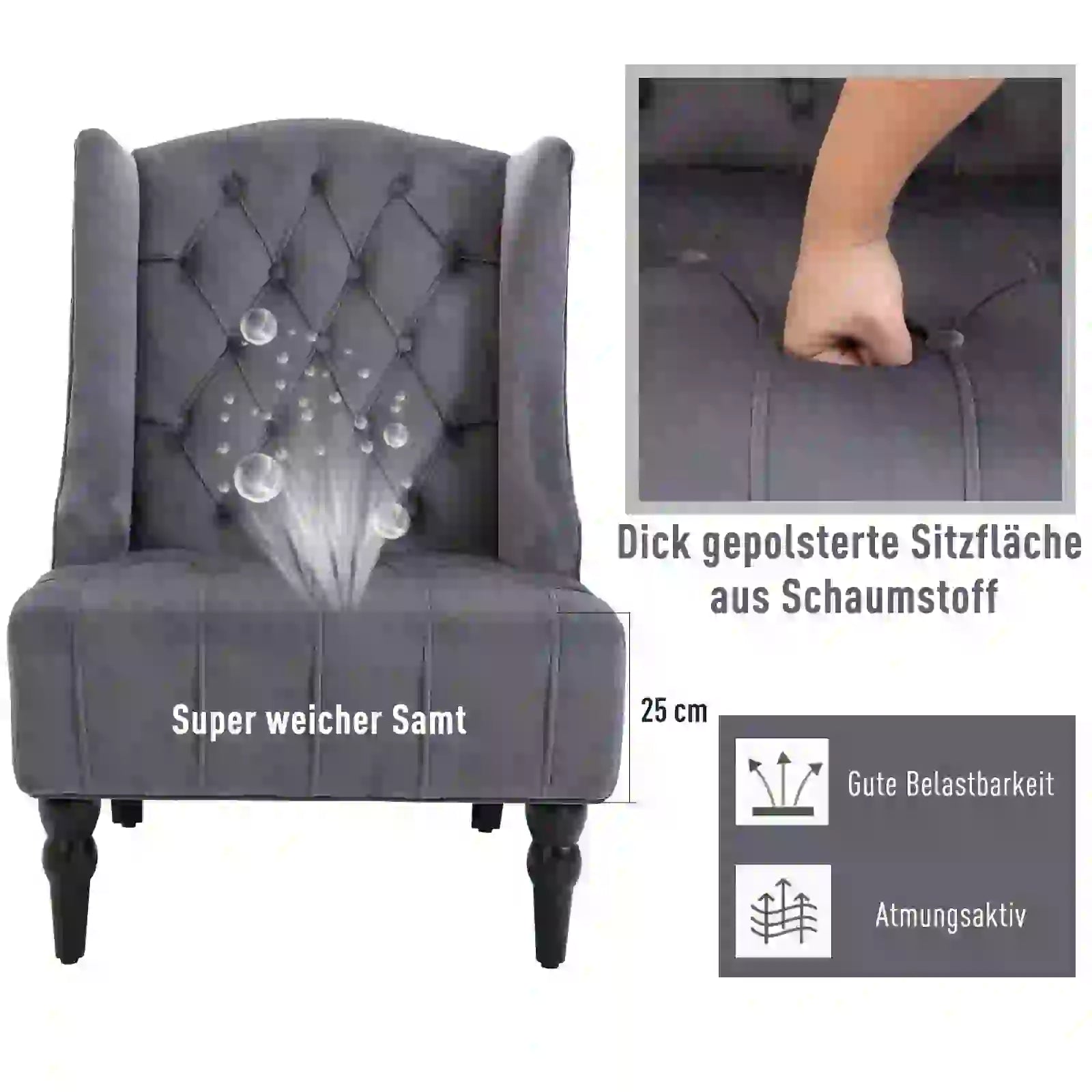 HOMCOM Einzelsessel Ohrensessel Relaxsessel mit Tufting erhöhte Beine Samtstoff Grau 67 x 70,5 x 97 cm