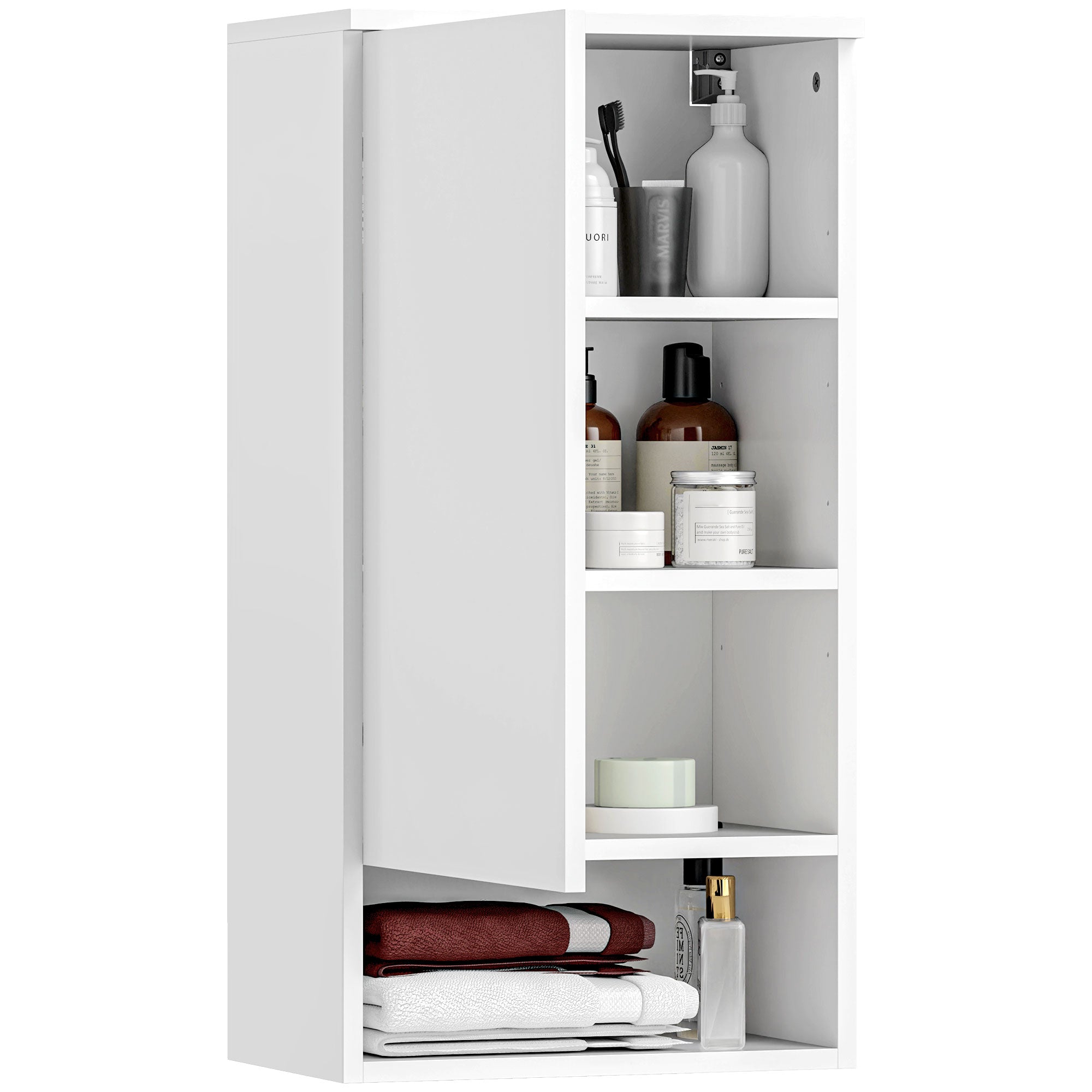 HOMCOM Wandmontierter Badezimmerschrank, Wandschrank für Badezimmer mit verstellbaren Ablagen, offenem Fach, Holz, Weiß