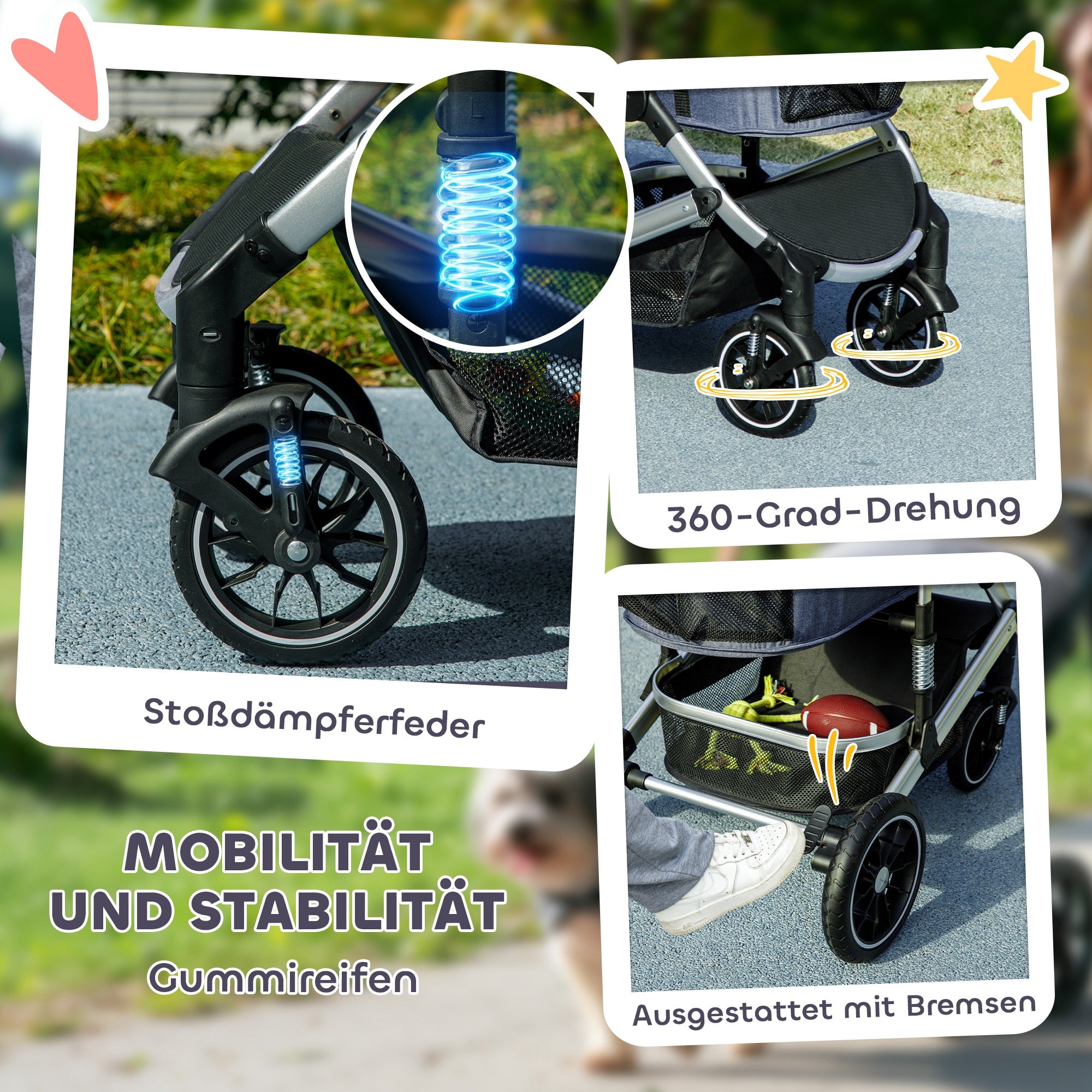 PawHut Hundewagen 3 in 1 Hundebuggy klappbar für Katzen bis 10 kg Katzenbuggy mit Kissen Becherhalter Dunkelblau