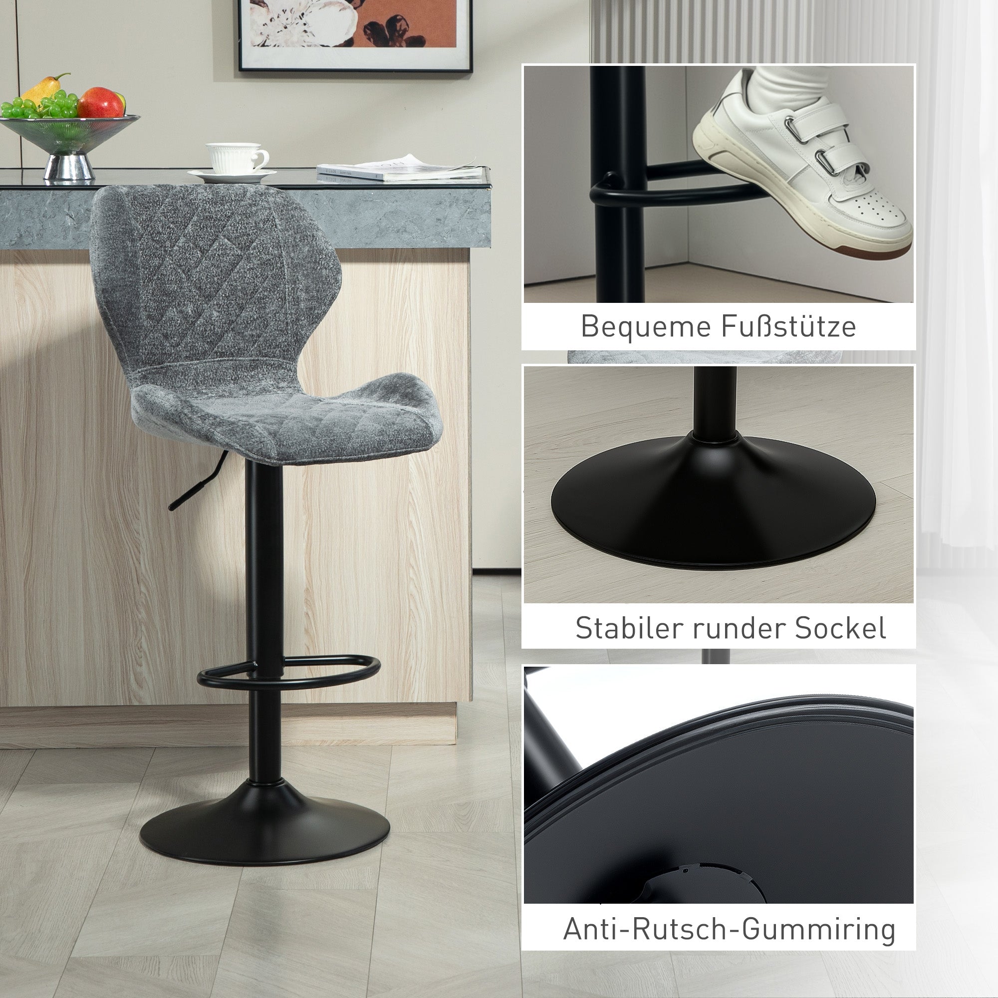 HOMCOM Barstühle im 2er-Set, Höhenverstellbare Küchenhocker mit Rückenlehne, Gaslift, Fußstütze, drehbar, Grau