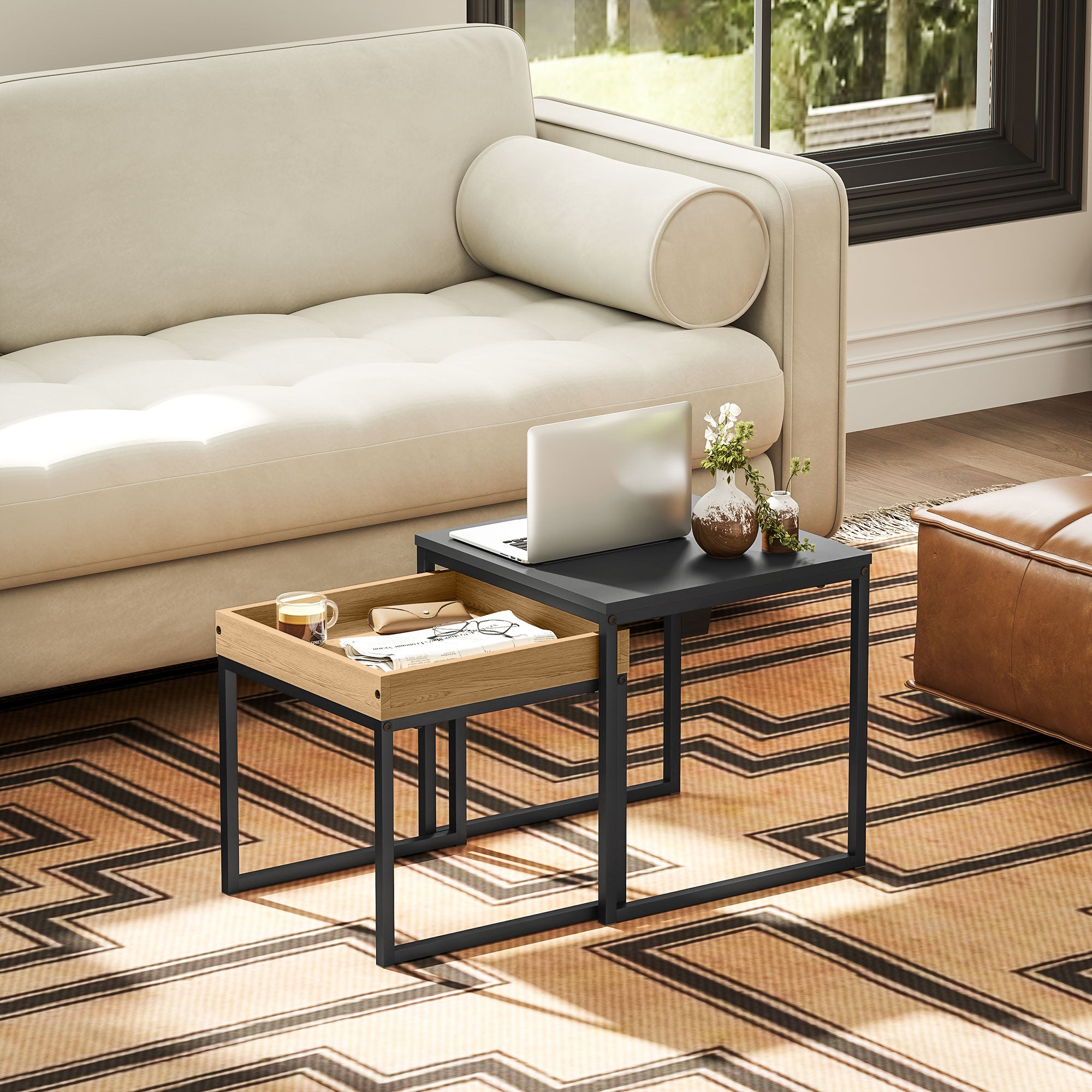 HOMCOM Moderner Couchtisch, 2er-Set Sofatisch, für kleine Räume, Quadratisch, MDF, Metall, Schwarz