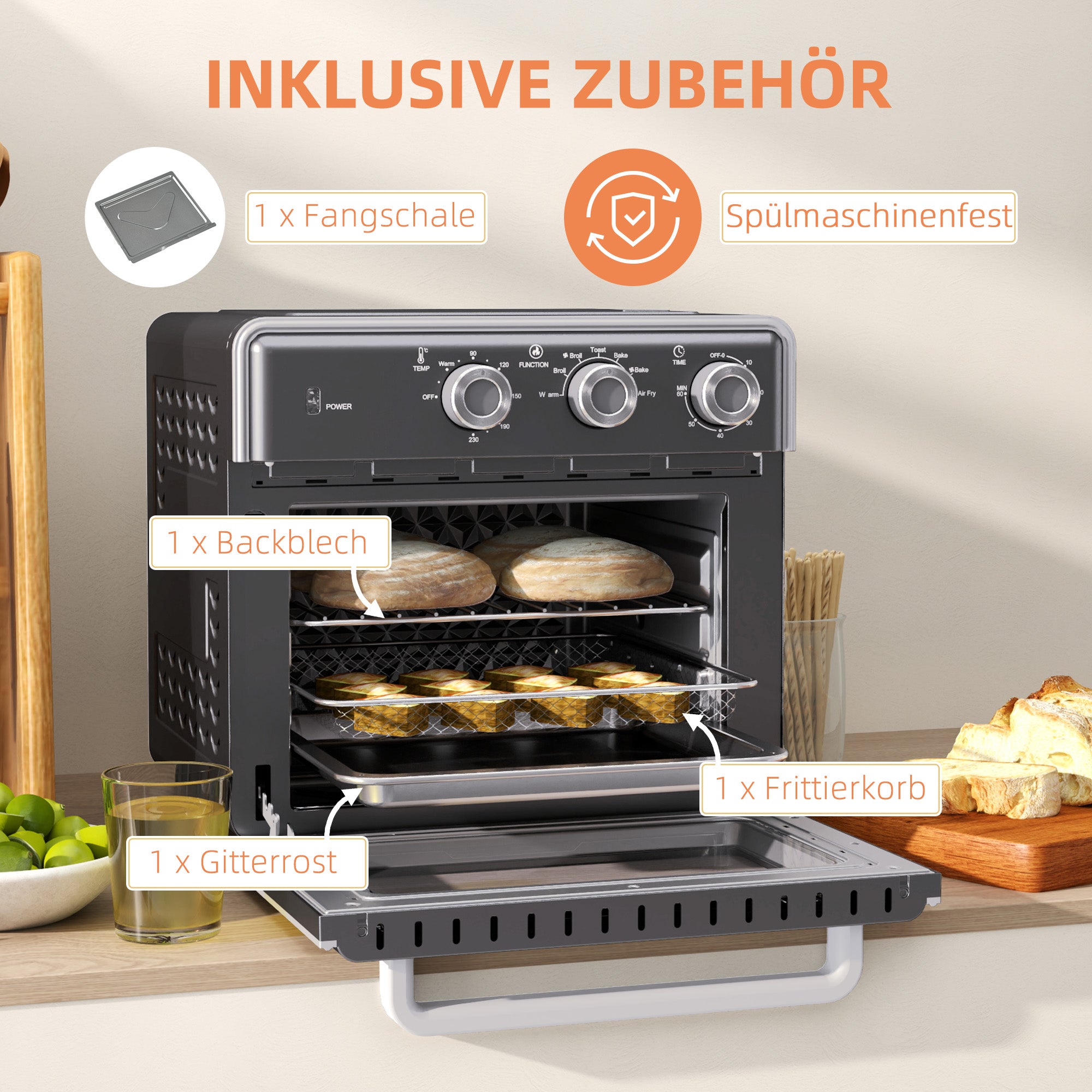 HOMCOM Minibackofen, 20L, 5 Funktionen, 360° Heißluft, Grillrost, Krümelblech, Grau