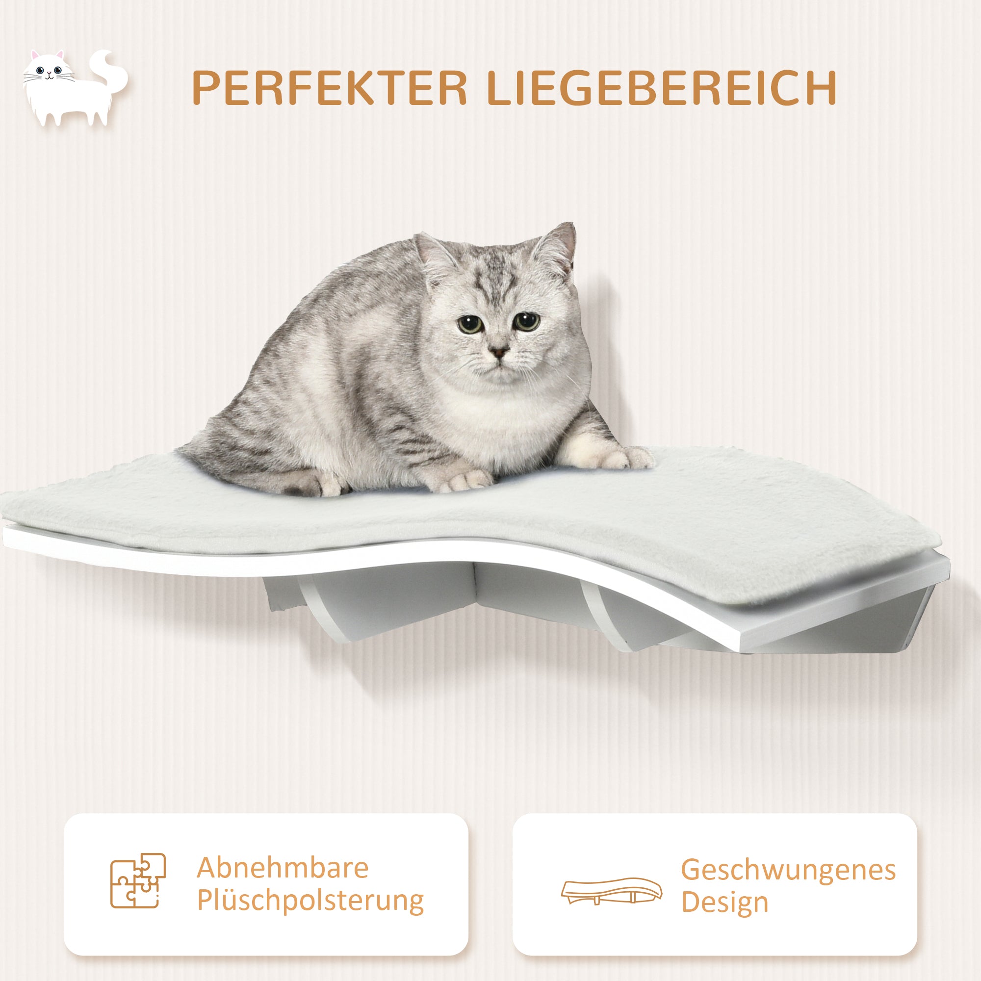 PawHut Katzen Kletterwand Katzenhängematte Katzenbett Wand Katzenregal Wandmontage Katzenmöbel Plüsch MDF Weiß 53 x 28 x 12 cm