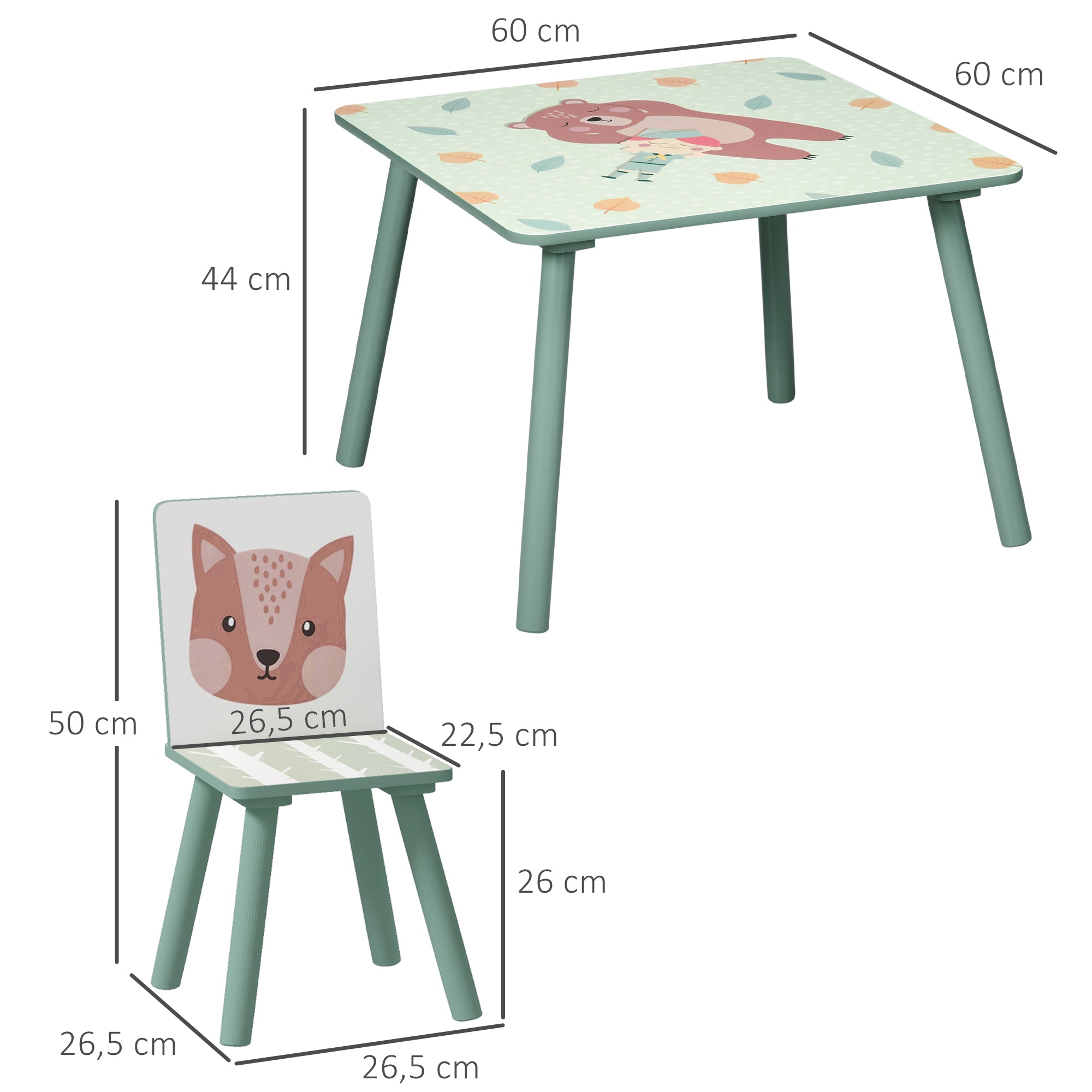 ZONEKIZ Sitzgruppe für Kinder 3-8 Jahre, 1 Tisch & 2 Stühle, niedliches Tiermotiv, Grün