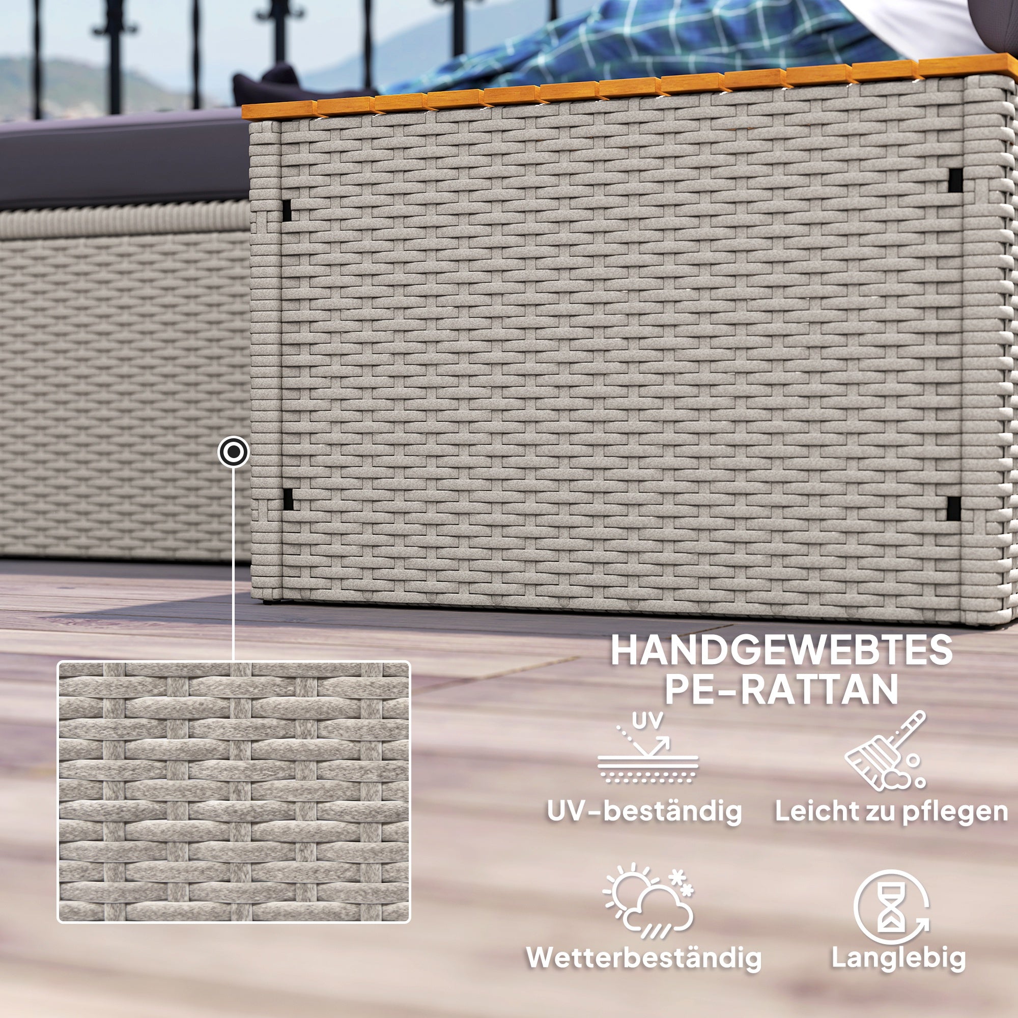 Outsunny Polyrattan Sonnenliege für 2 Personen Doppelliege mit Fußhocker Stauraum Auflagen 125x114x72,5 cm Grau