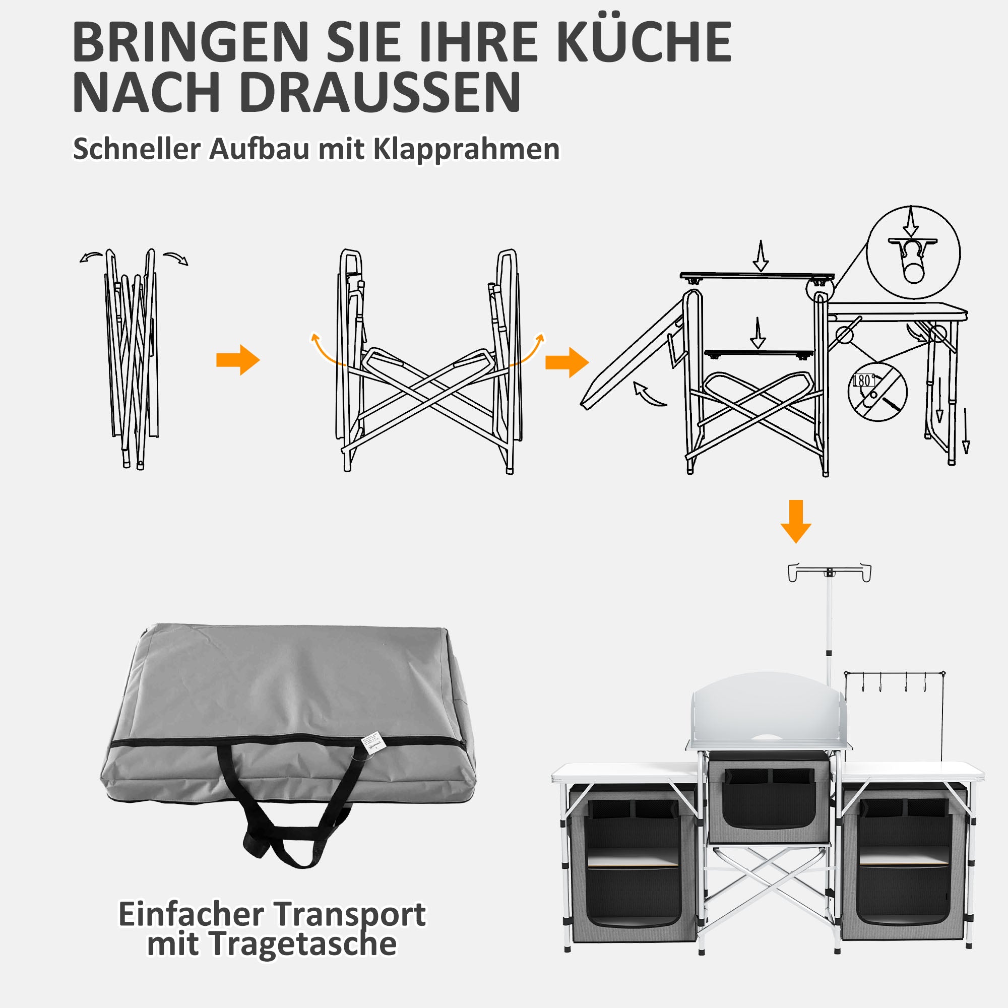 Outsunny Campingküche, klappbar, Windschutz, 3 Stofffächer, Aluminiumrahmen, 172x48x119cm, Grau/Silber