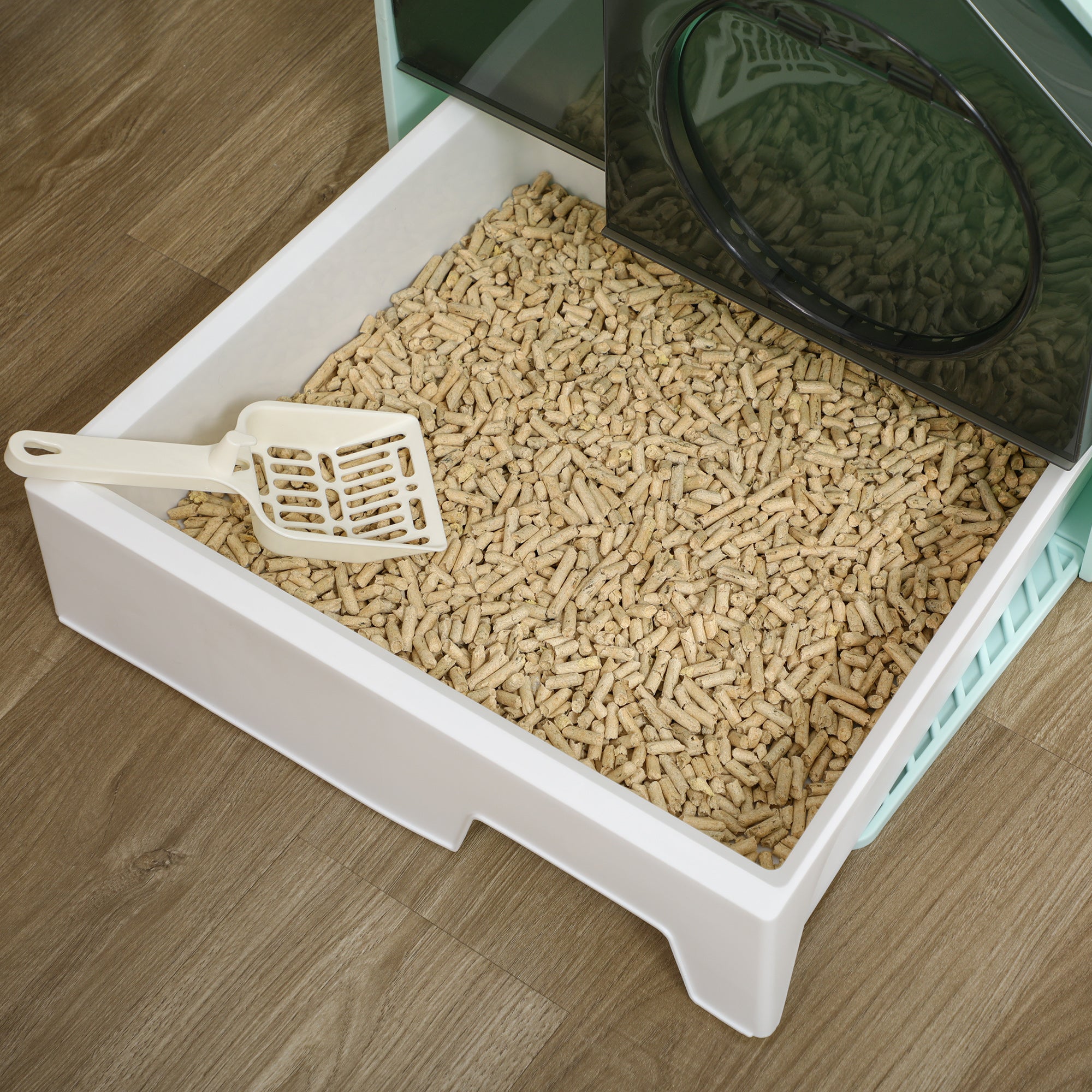 PawHut Katzentoilette Katzenklo, Hütten-Design, 1 Siebvorleger, 1 Streuschaufel, herausnehmbare Bodenwanne, Grün + Weiß