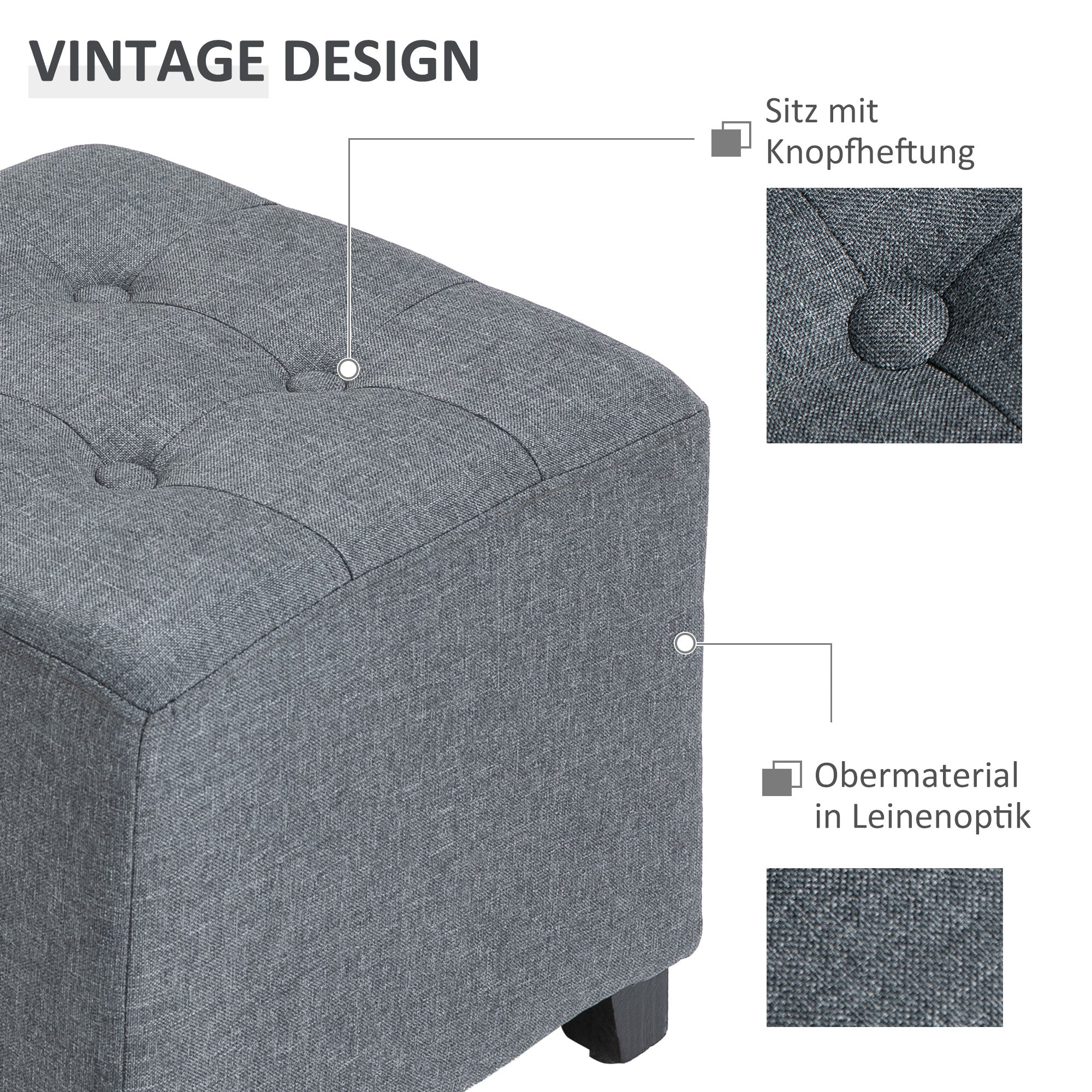 HOMCOM Hocker Sitzhocker, Knopfheftung, Leinenoptik, 35 cm x 35 cm x 35 cm, Grau
