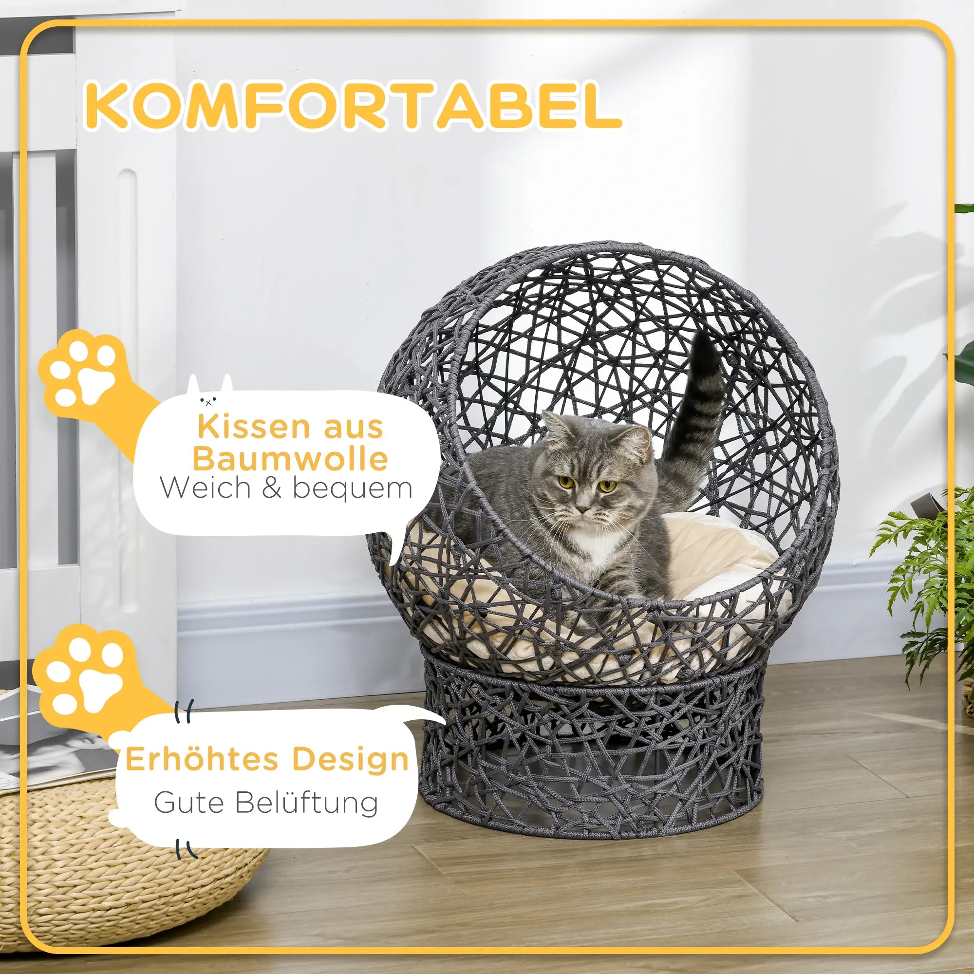 PawHut Katzenkorb, Katzenhöhle inkl. Kissen, 2-teilig, 50 cm x 50 cm x 60 cm, Cremeweiß + Anthrazit