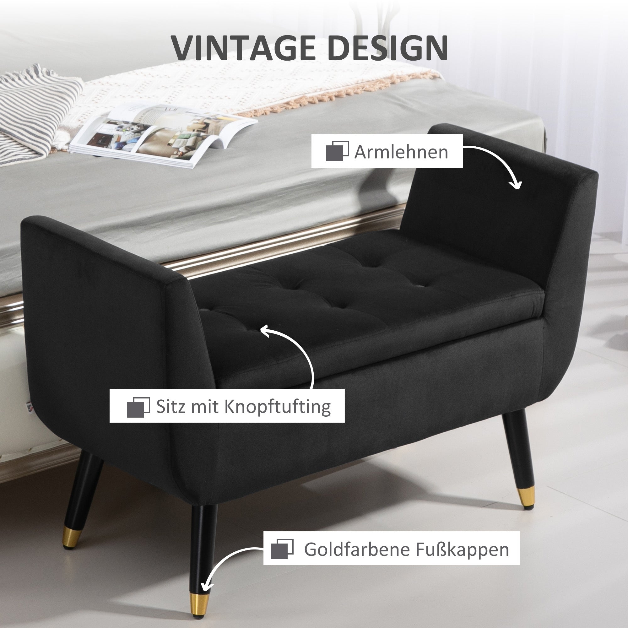 HOMCOM Sitzbank mit Stauraum und Armlehnen, Truhenbank, samtartiges Polyester, Kautschukholz, Dunkelgrau, 107 x 42 x 65 cm