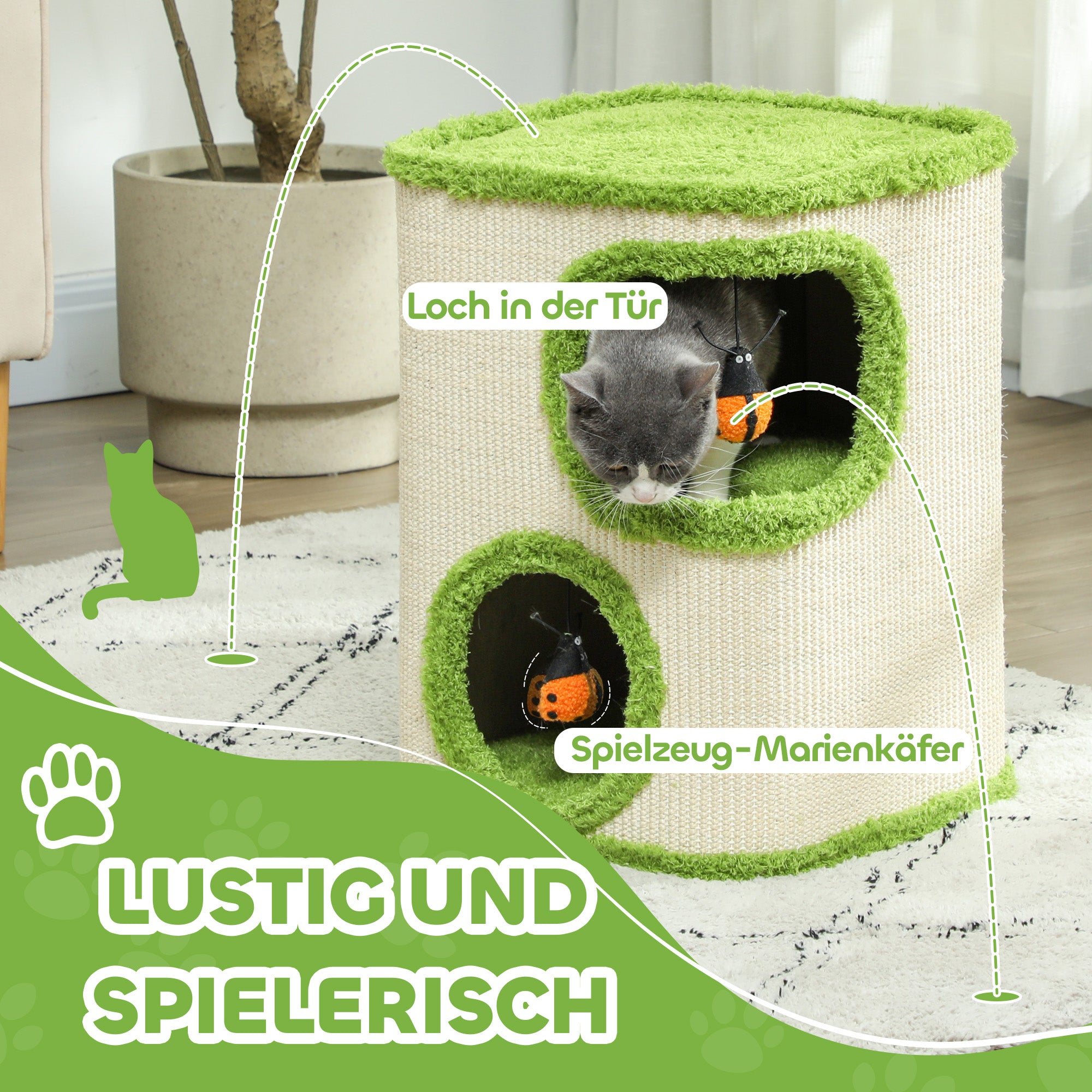 PawHut Kratzturm, 52 cm, Katzenhöhle mit Plüsch, Kratzfläche, Spielzeug, Grün/Cremeweiß