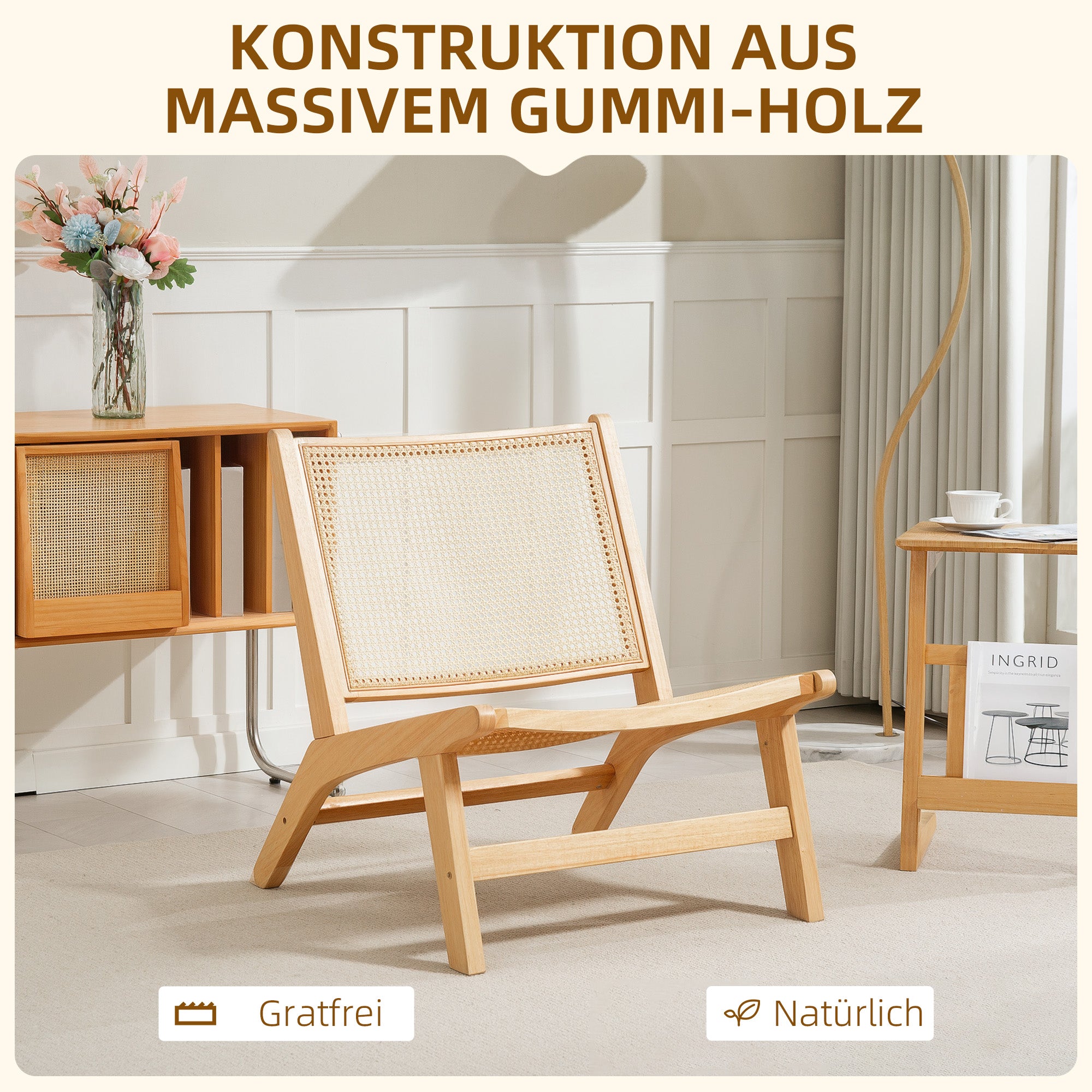 HOMCOM Rattanstuhl, Lesestuhl, Holzrahmen, breiter Sitz, 64 x 70 x 74 cm, Naturholz