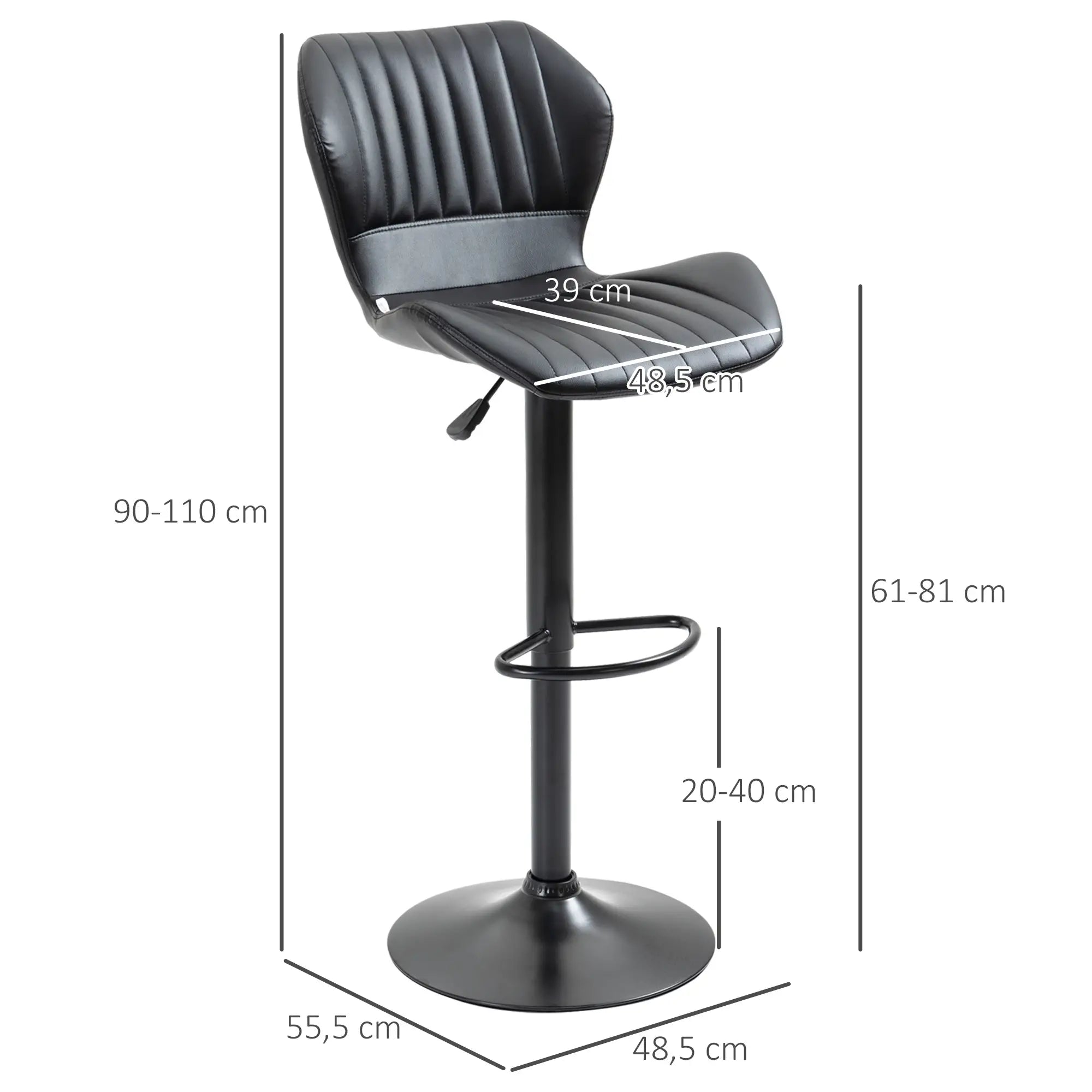 HOMCOM Barhocker Barstuhl 2-er Set höhenverstellbar 48,5 x 55,5 x 90-110 cm Kunstleder+Stahl Schwarz