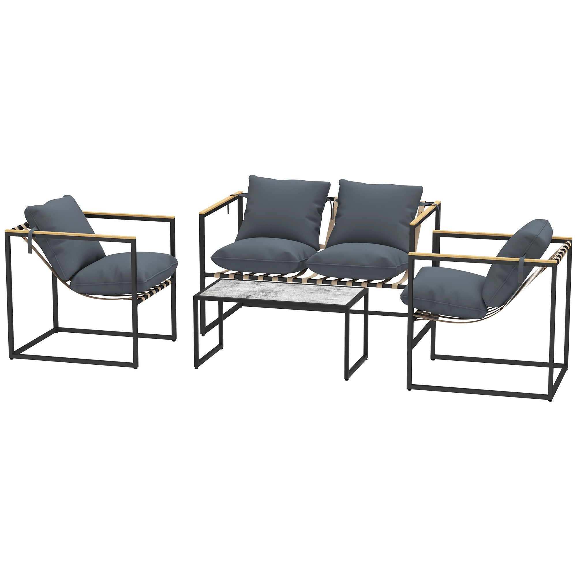 Outsunny 4-teiliges Gartenmöbelset, Outdoor-Möbel-Set, 2 Sessel, 2er Sofa, 1 Tisch, gepolstert, Stahl, Polyester, Grau