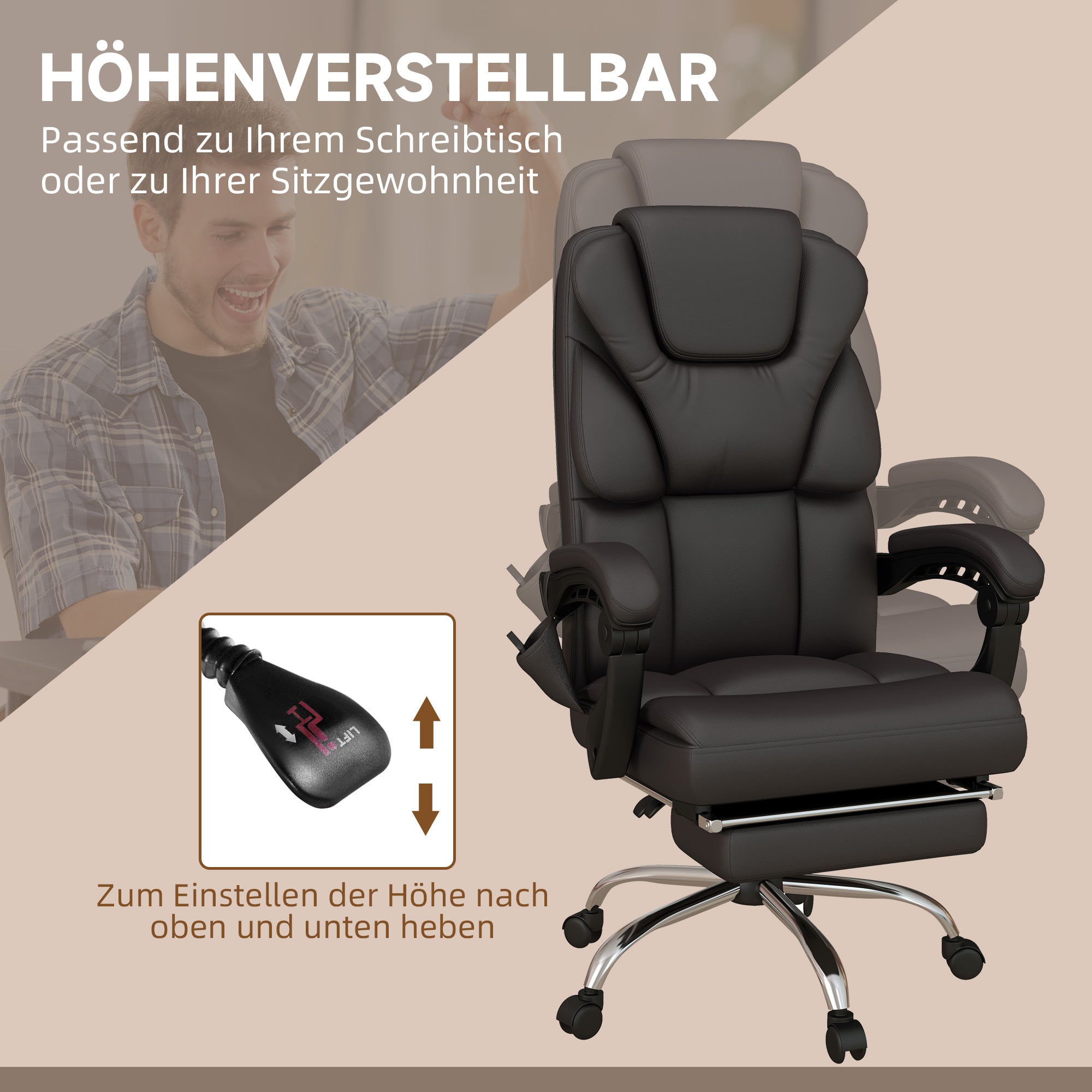 Vinsetto Bürostuhl mit Massagefunktion, ergonomisch, liegefähig, 63x57x118, Braun