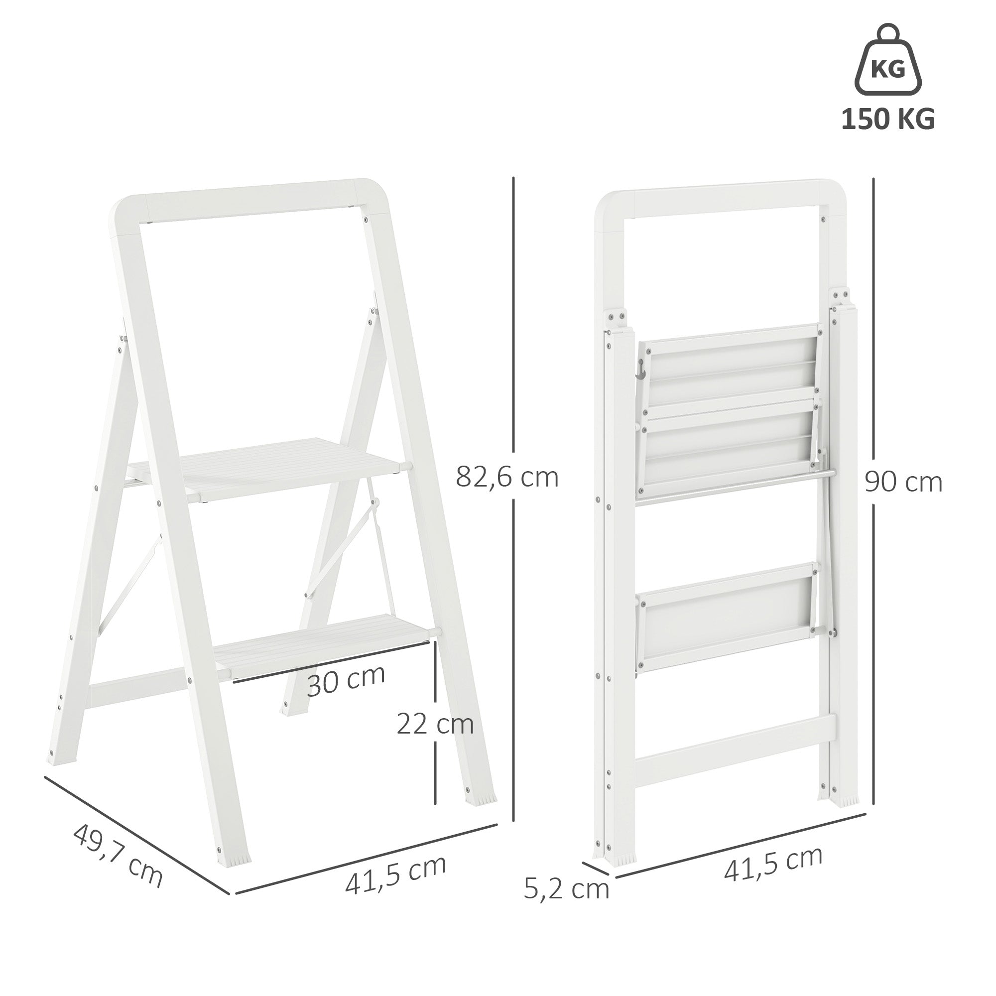 HOMCOM 2-stufige Trittleiter, Aluminum faltbar, rutschfeste Plattform, Weiß