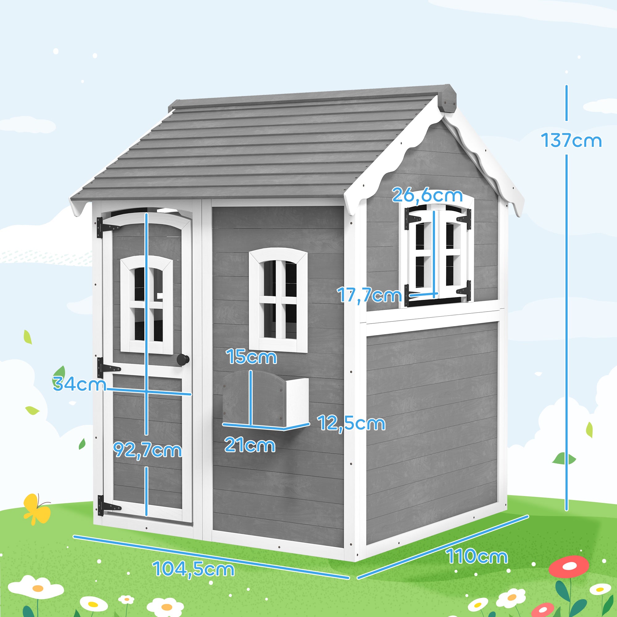 Outsunny Spielhaus für Kinder, Indoor- und Outdoor-Haus mit Tür, Fenstern und Pflanzkasten, Tannenholz, Grau
