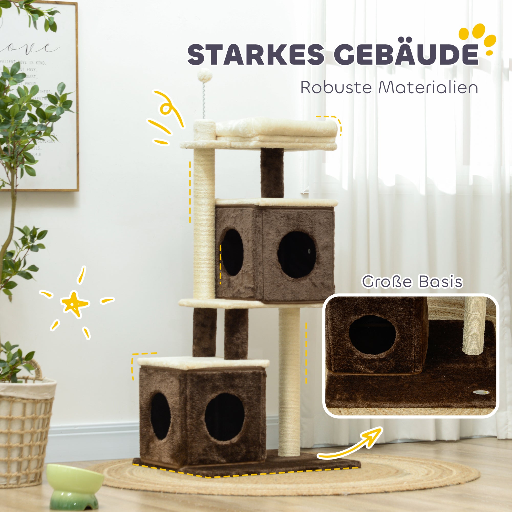 PawHut Katzenbaum, teilbarer Katzenturm mit Kratzpfosten, Sprungplattformen, für den Indoor-Bereich, Dunkelbraun+Weiß
