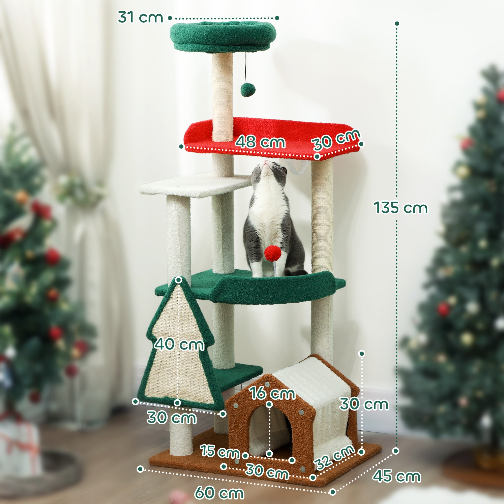 PawHut 135 cm Katzenkratzbaum in Weihnachtsfarben mit Katzenbett, Katzenhaus, Kratzpfosten, Sprungplattformen, Spielzeugbällen