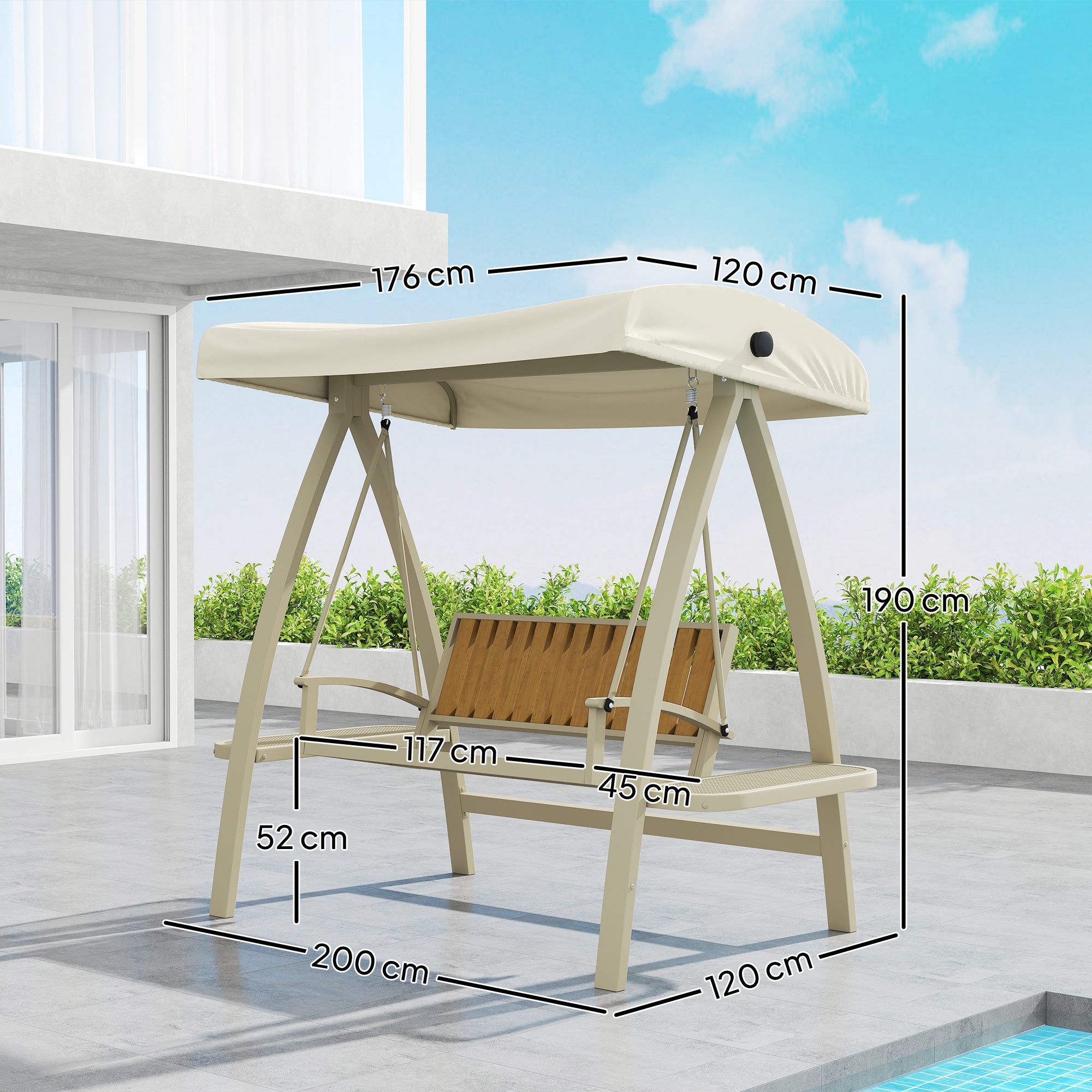 Outsunny Hollywoodschaukel 2-Sitzer Gartenschaukel mit verstellbarem Sonnendach, Seitentisch 200 x 120 x 190cm, Beige