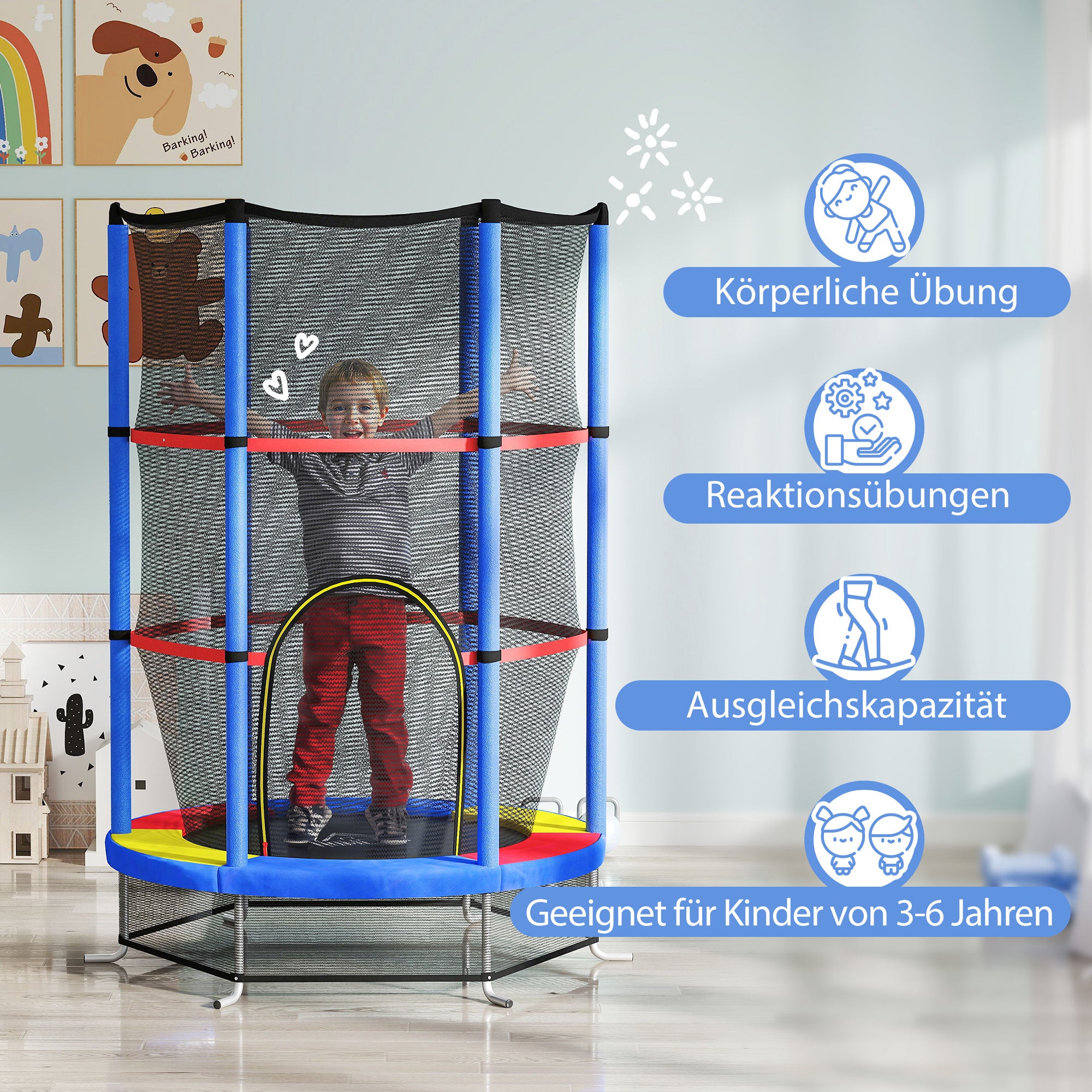 HOMCOM Kindertrampolin, Sicherheitsnetz, Gummifederung, bis 45 kg, Stahlgestell, Ø140x160cm, Bunt
