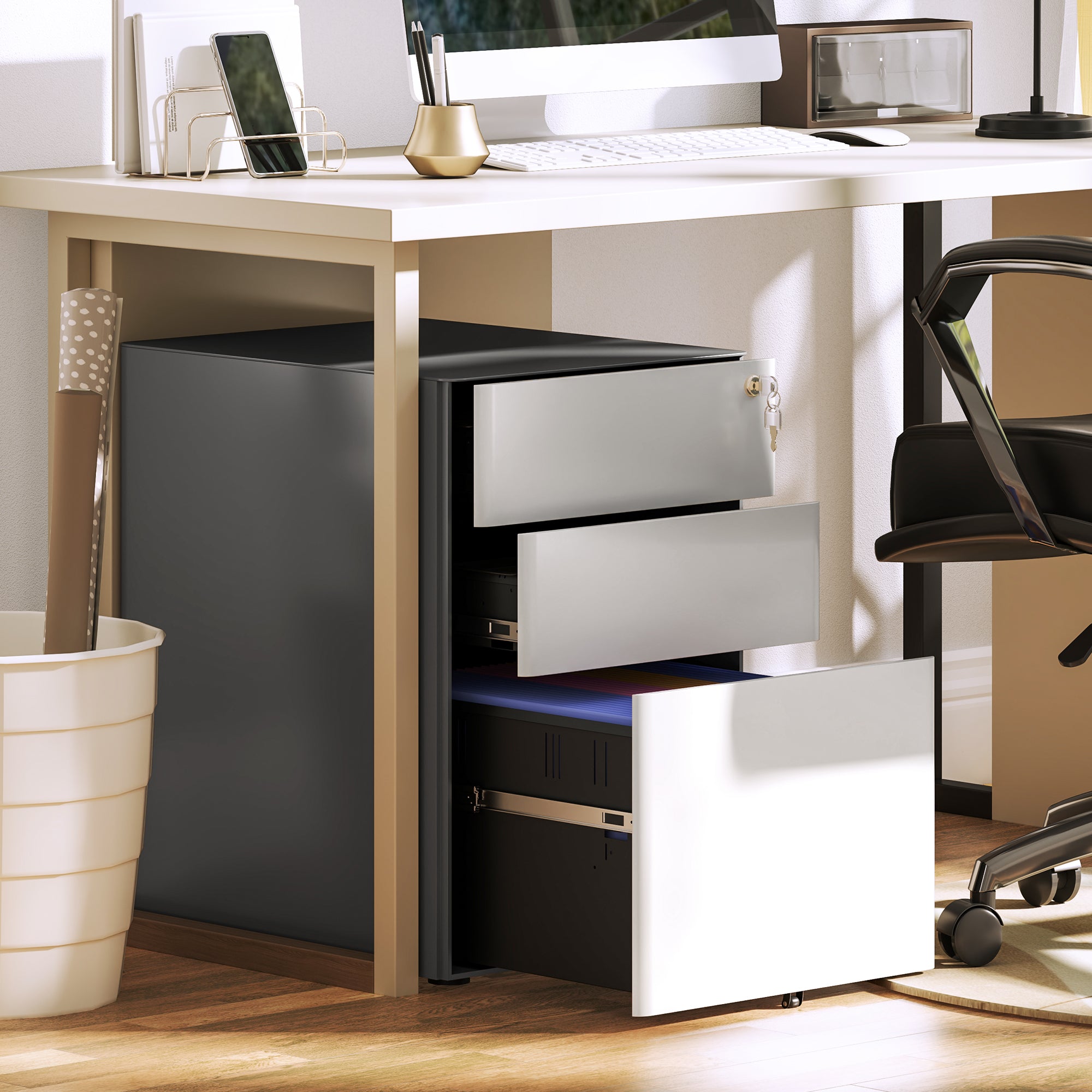 Vinsetto Aktenschrank, Rollcontainer, 3 Schubladen & Hängeregister, Schloss, Stahlgehäuse, 39x48x59 cm, Weiß+Grau