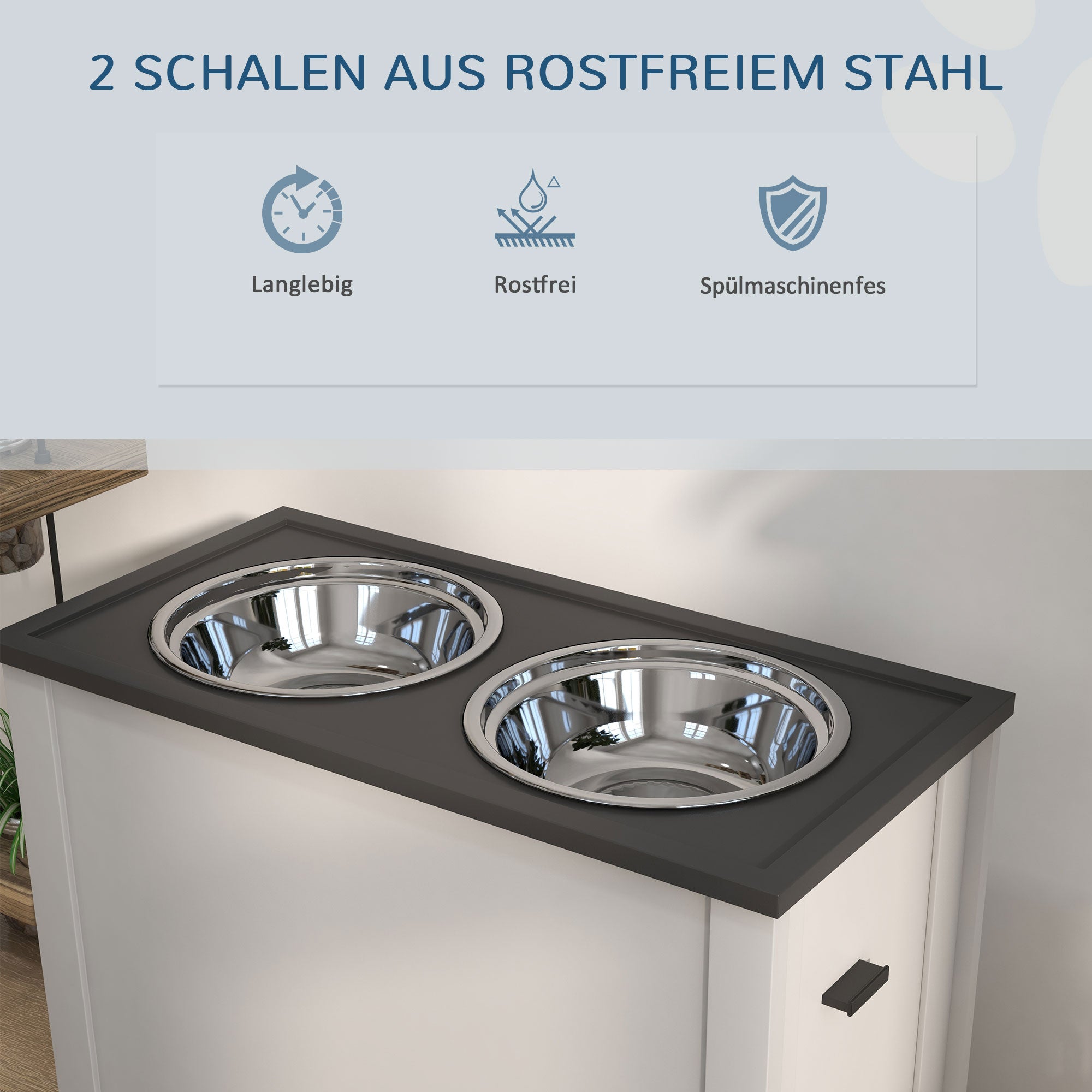 PawHut Futterstation Erhöhte Fressnäpfe 1 Stauraum 2 Edelstahl-Futternäpfe, 60 x 30 x 42cm, Weiß + Grau