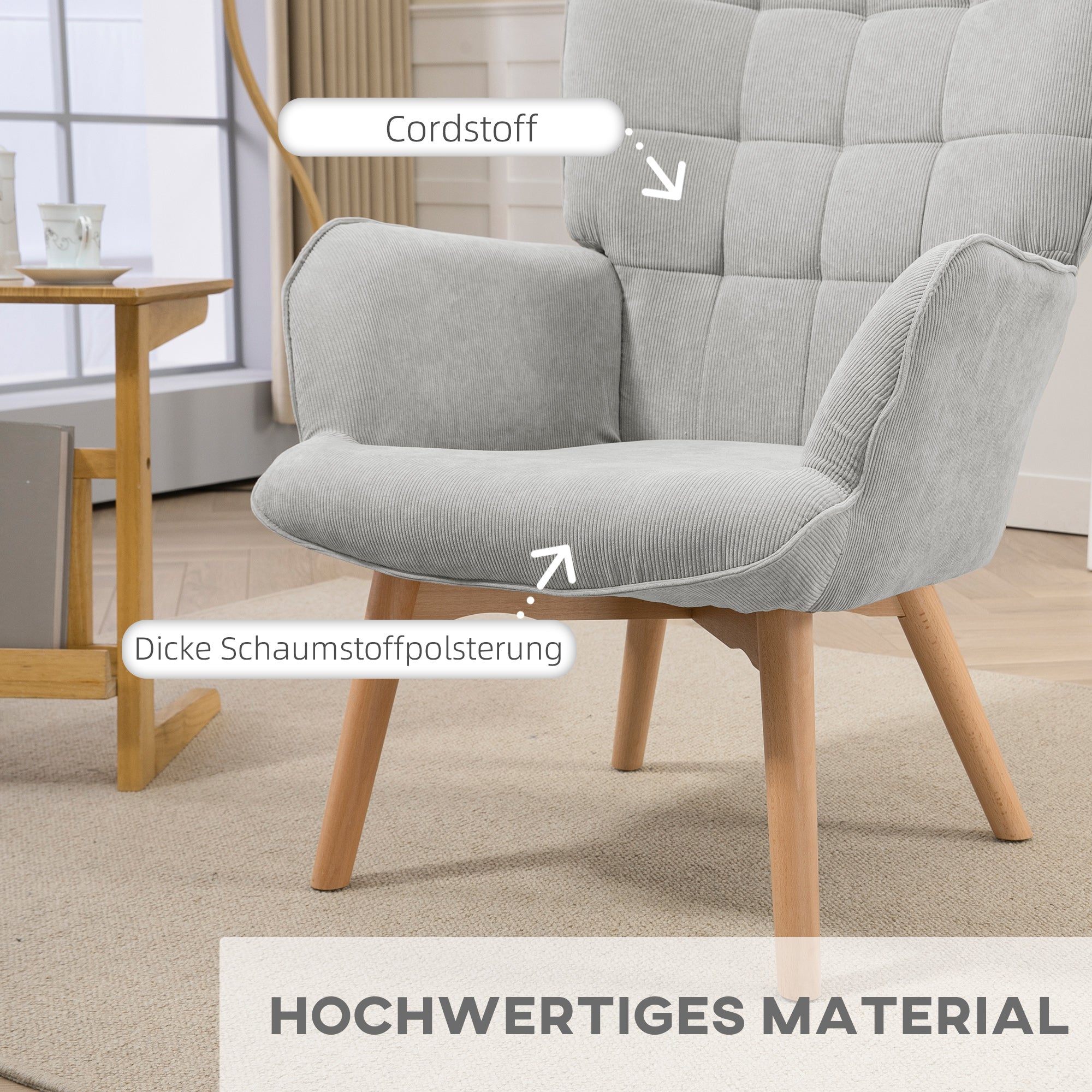 HOMCOM Akzentsessel mit Hocker, Relaxsessel in Cord-Optik, Armlehnstuhl mit Holzbeinen, für Wohnzimmer, Grau