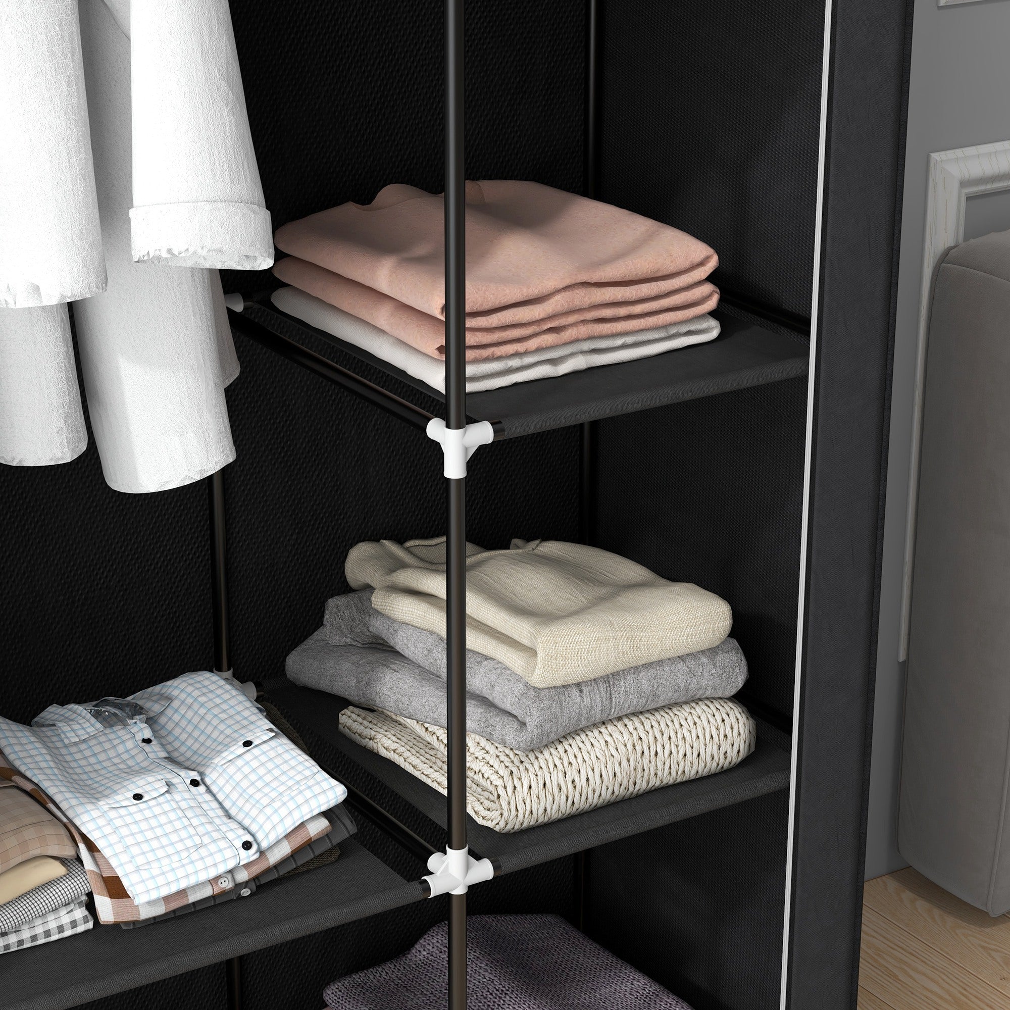 HOMCOM Schrank aus Stoff, Aufbewahrungslösung, 6 Regale, 1 Kleiderstange, Schwarz