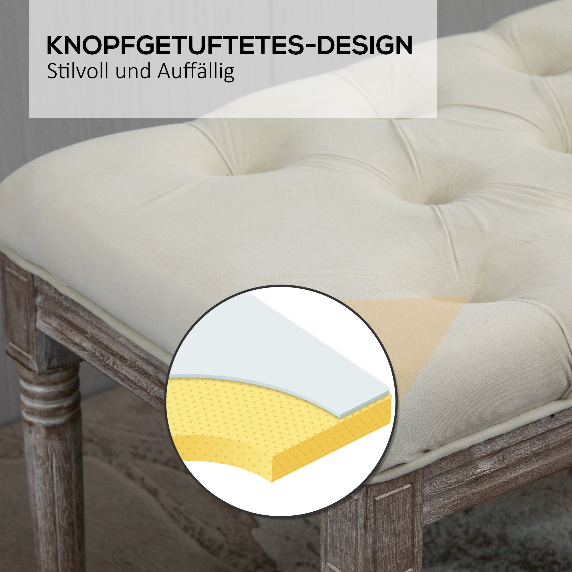 HOMCOM Polsterbank Sitzbank Vintage Bettbank mit Knöpfen Samtige Berührung Gummiholz Beige 142 x 47 x 51 cm