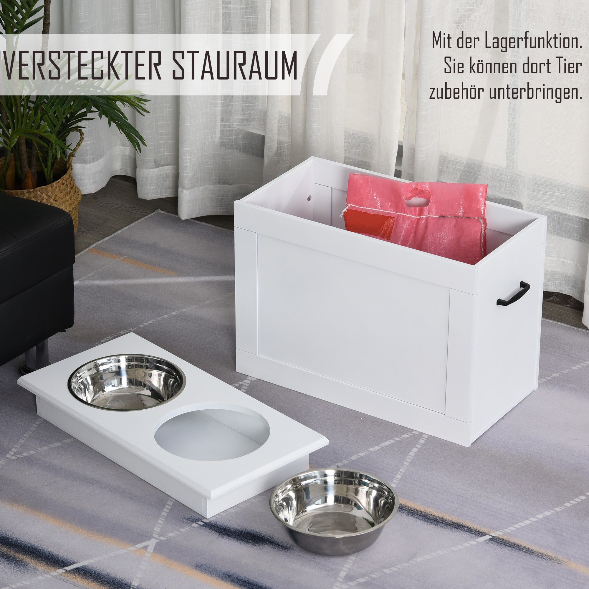 PawHut Erhöhter Hundenapf Futternapf mit Staumraum Wassernapf 2 x 2000ml Edelstahlnäpfen Hundenäpfe Fressnapf Futterstation für Hunde Katzen Weiß